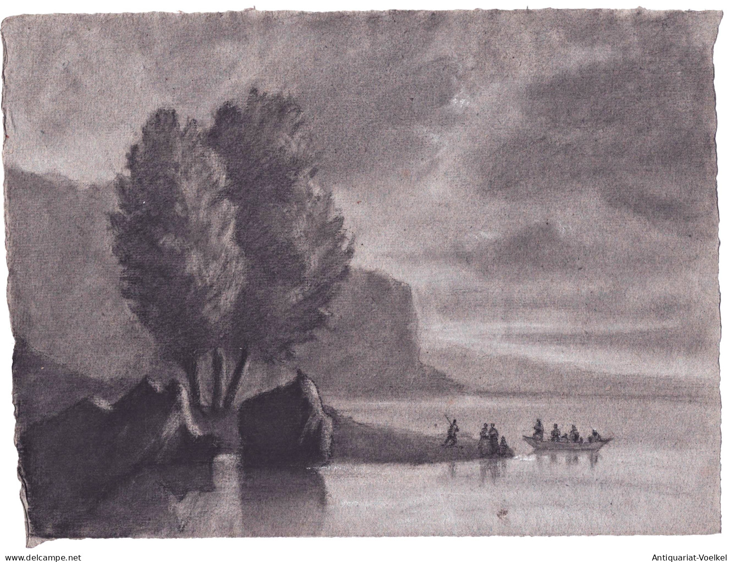 (Küstenlandschaft Mit Boot Und Bäumen / Coastal Landscape With Boat And Trees) - Zeichnung Dessin Drawing - Prenten & Gravure