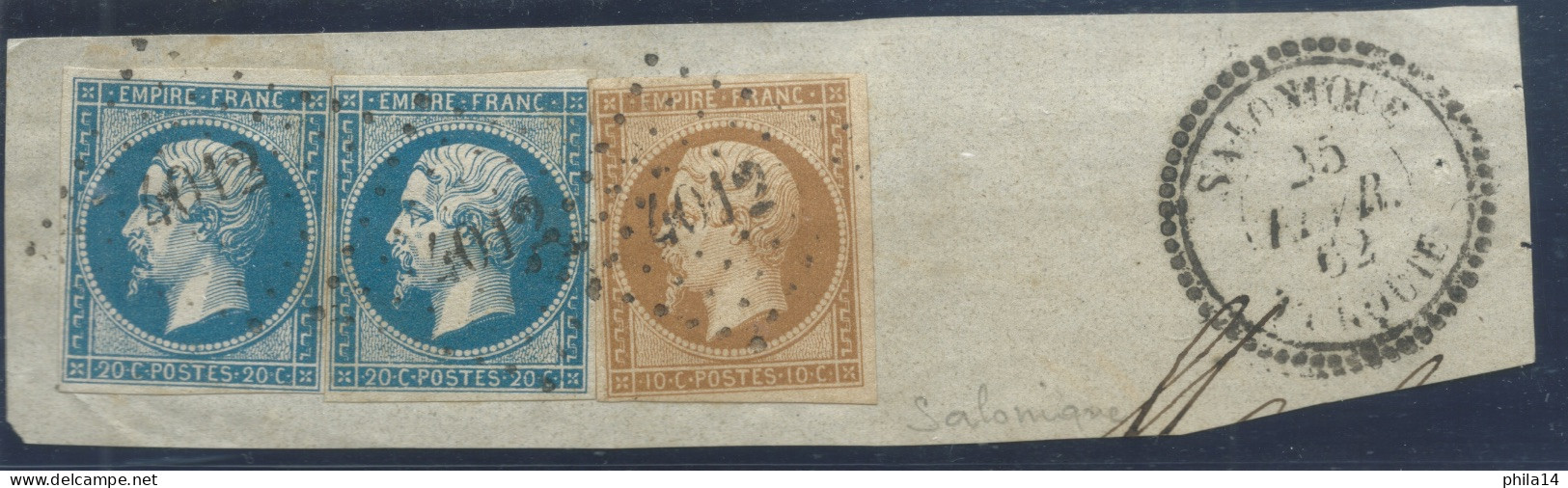 2X N°14 20c BLEU NAPOLEON T2 & N°13 SUR FRAGMENT / PC 4012 IND 16 SALONIQUE TURQUIE / CAD 25 FEV 1862 - 1853-1860 Napoléon III.