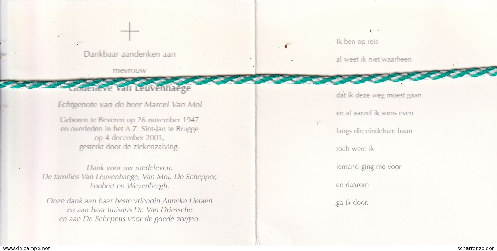 Godelieve Van Leuvenhaege-Van Mol, Beveren 1947, Brugge 2003 - Esquela