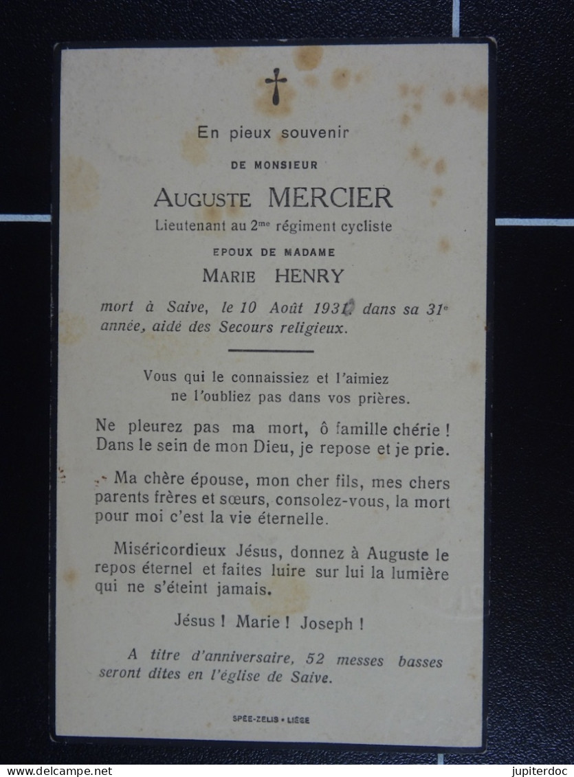 Auguste Mercier Lieutenant Au 2me Régiment Cycliste épx Henry Saibe 1930 à 31 Ans - Imágenes Religiosas
