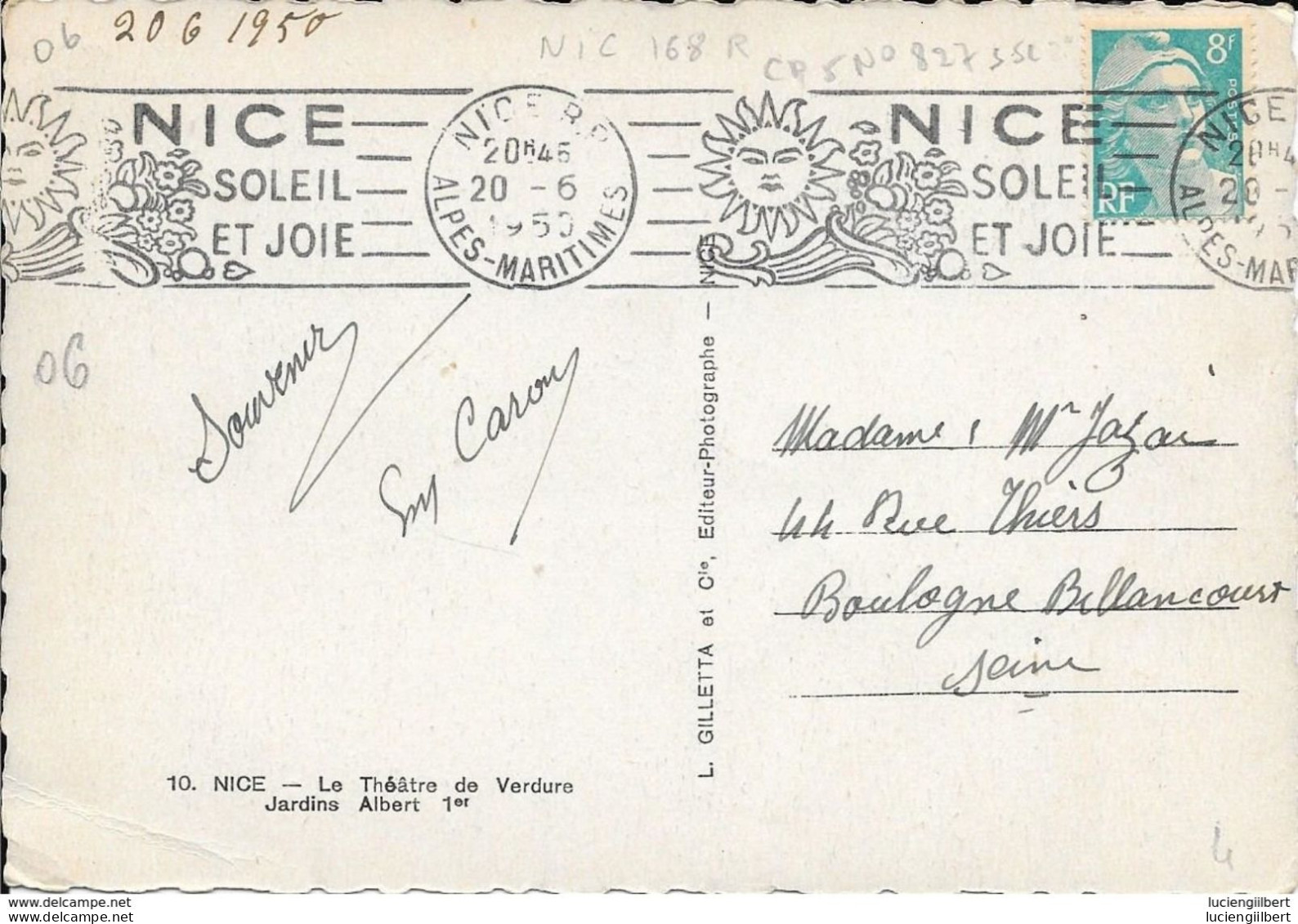 ALPES MARITIMES 06 - NICE RP - FLAMME N° 168 R  -  NICE SOLEIL ET JOIE - 1950 -  BELLE FRAPPE - Mechanical Postmarks (Advertisement)