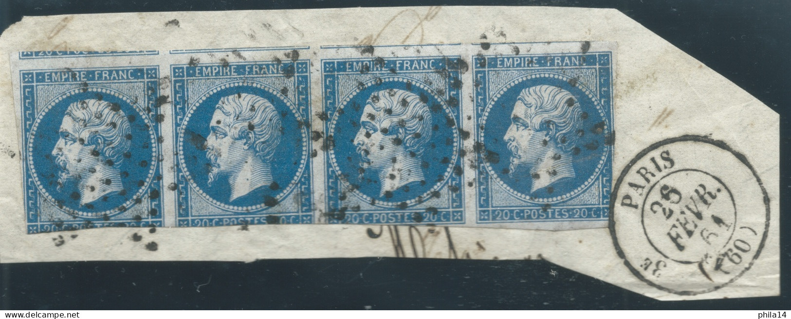 BANDE DE 4 N°14 20c BLEU NAPOLEON T2 / ETOILE DE PARIS / CAD 26 FEV 1861 / 4 VOISINS - 1853-1860 Napoleone III