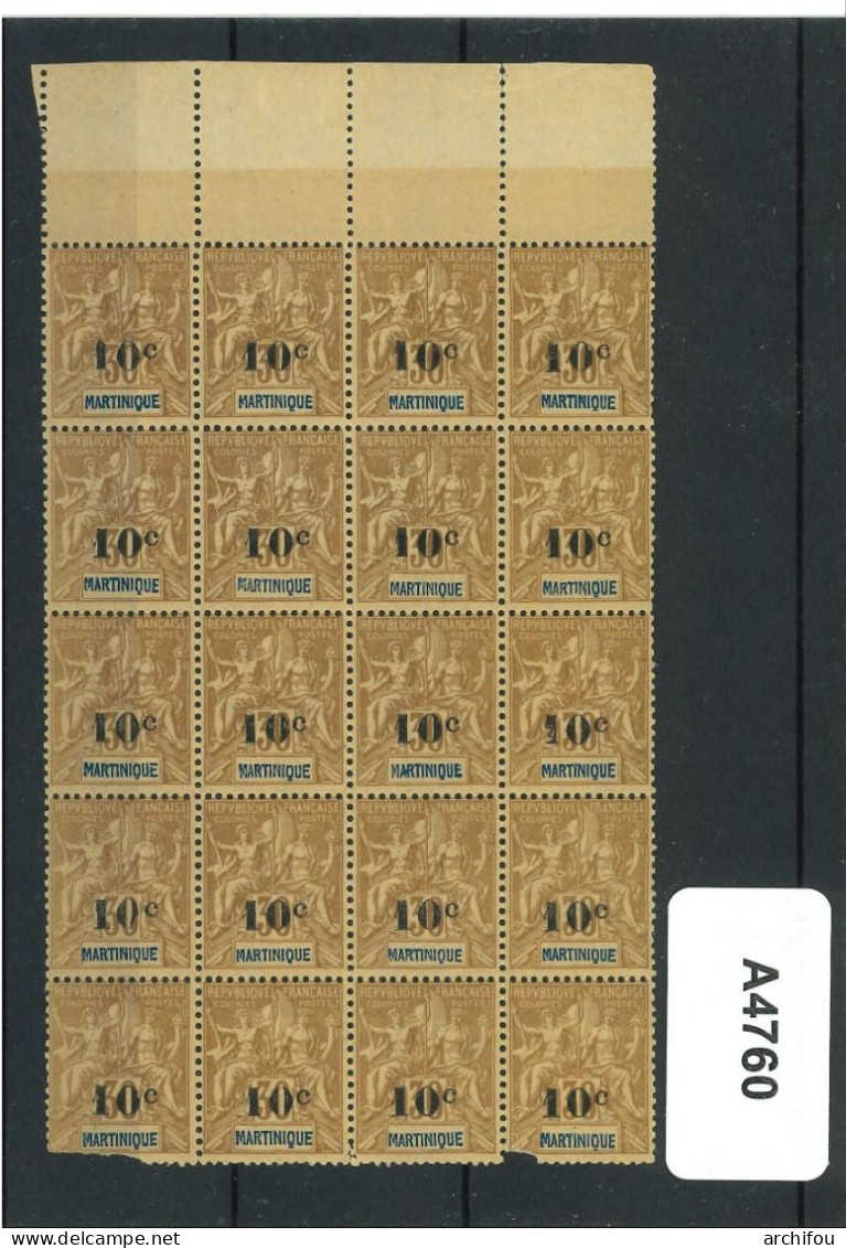 Type Groupe 10c Sur 30c Brun N° 52 Bloc De 20 ** De Martinique - Unused Stamps