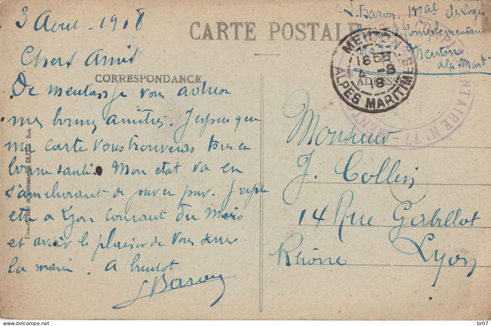 ALPES MARITIMES CP 1918 MENTON HOPITAL COMPLEMENTAIRE N°77 - Guerra Del 1914-18