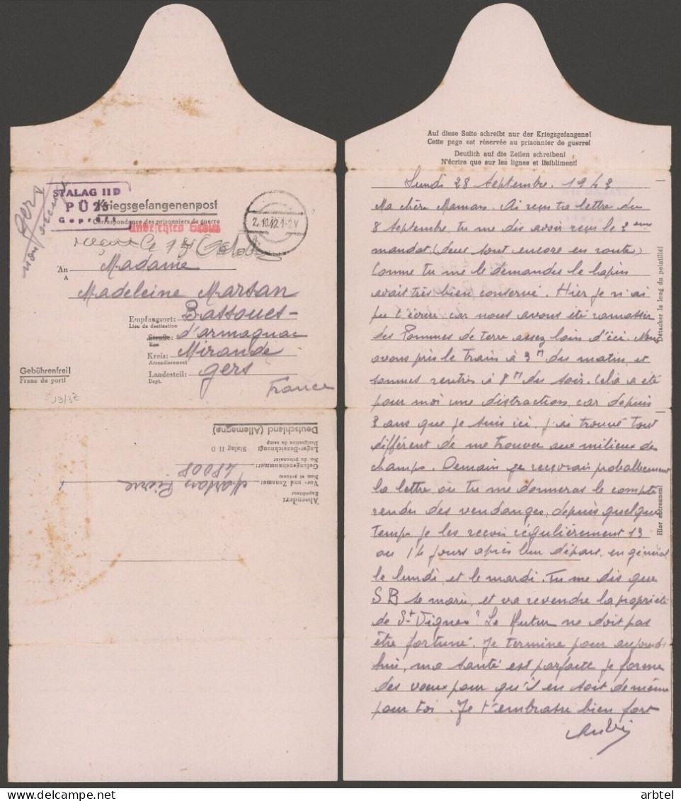 ALEMANIA A BASSOUES MIRANDE GERS FRANCIA POW CORREO PRISIONEROS DE GUERRA STALAG IID 1942 - Brieven En Documenten