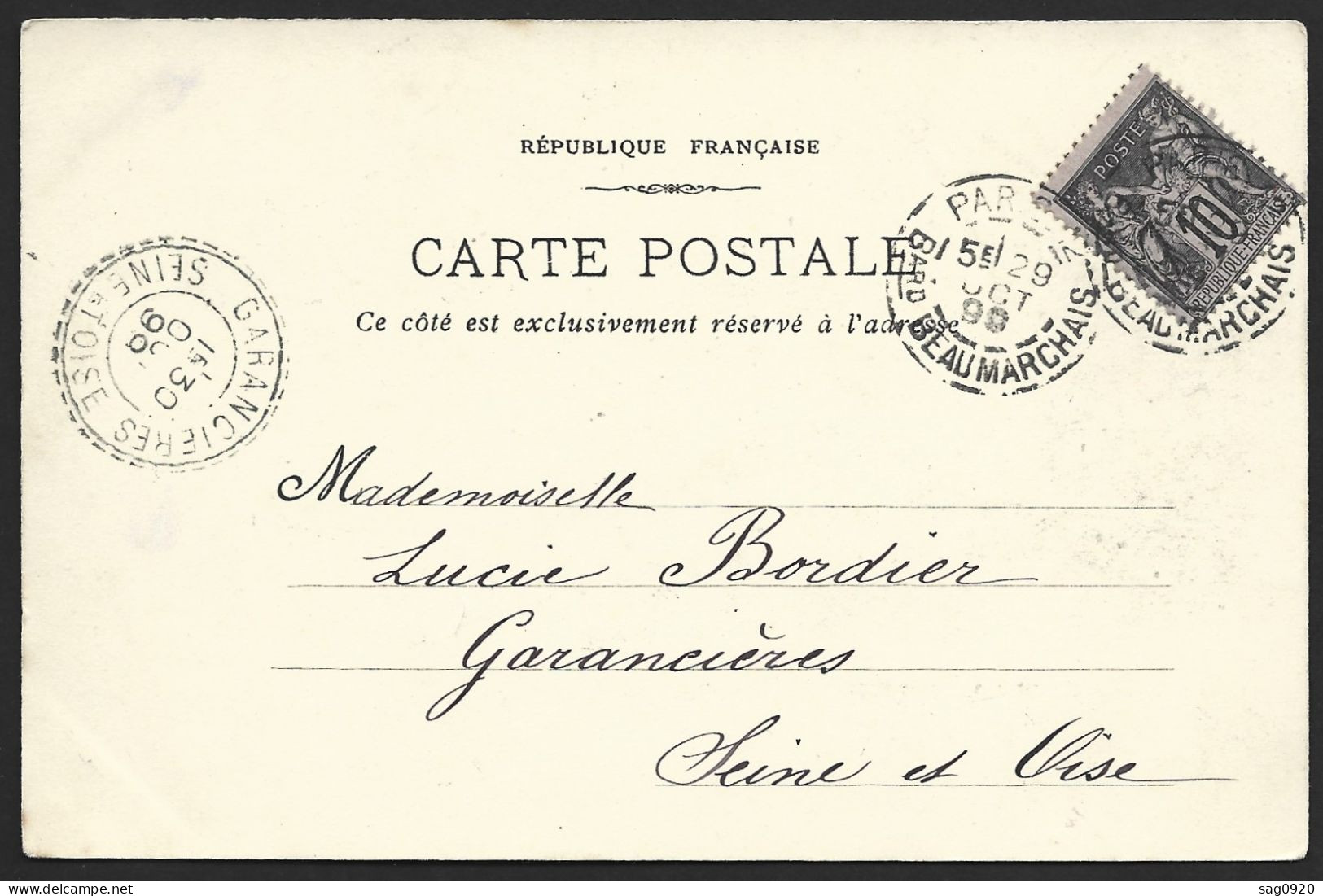 Carte Avec Cachet Paris Bard Beaumarchais Sur Type Sage-1899 - 1877-1920: Periodo Semi Moderno