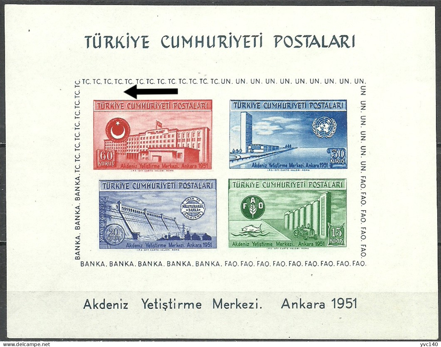Turkey; 1952 Souvenir Sheet UN Mediterranean Economic Instrustion Center (F.A.O.) ERROR "Red Stamp Shifted To The Left" - Ungebraucht