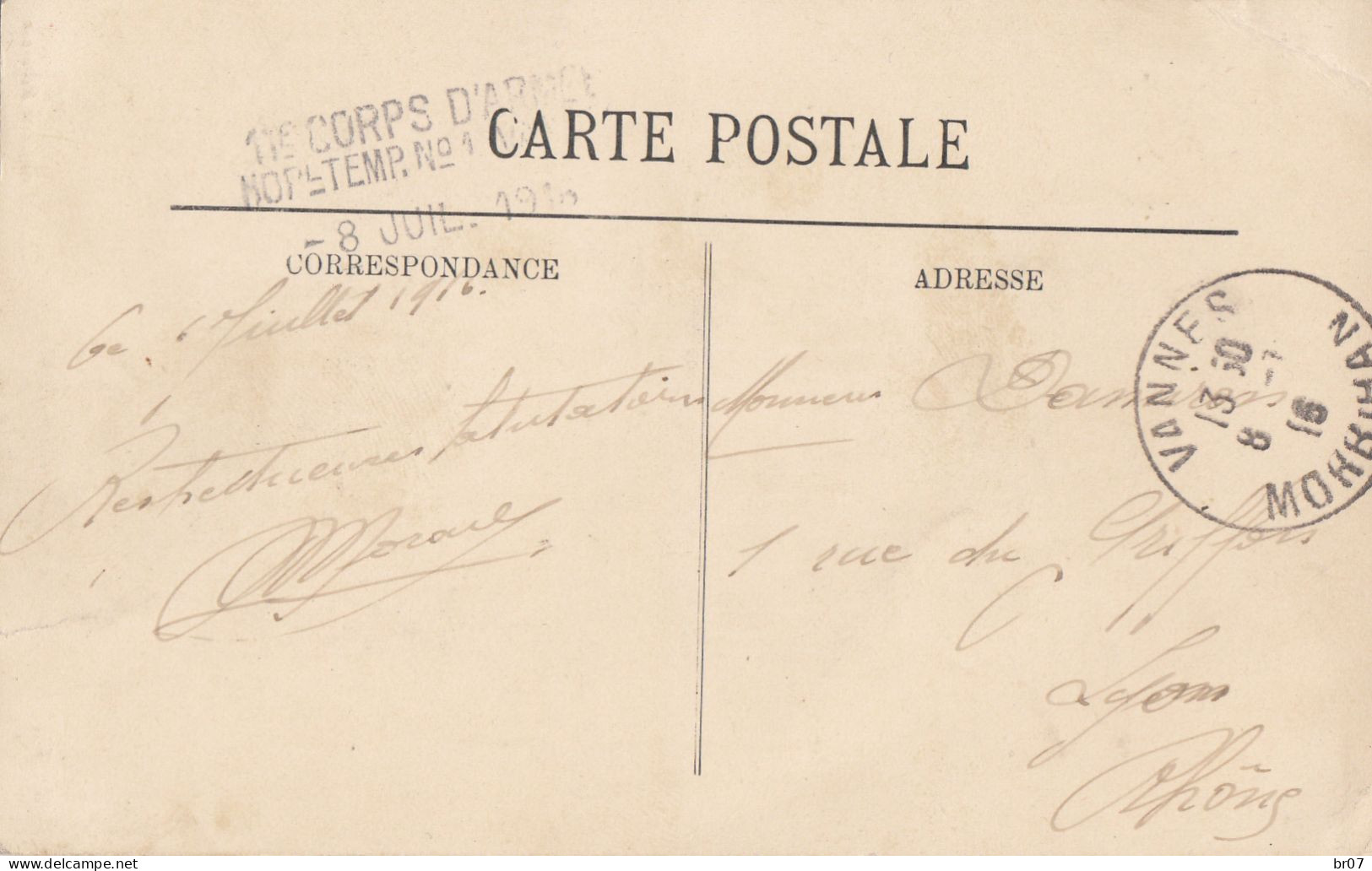 MORBIHAN CP 1916 VANNES HOPITAL TEMPORAIRE N°1 VANNES - WW I