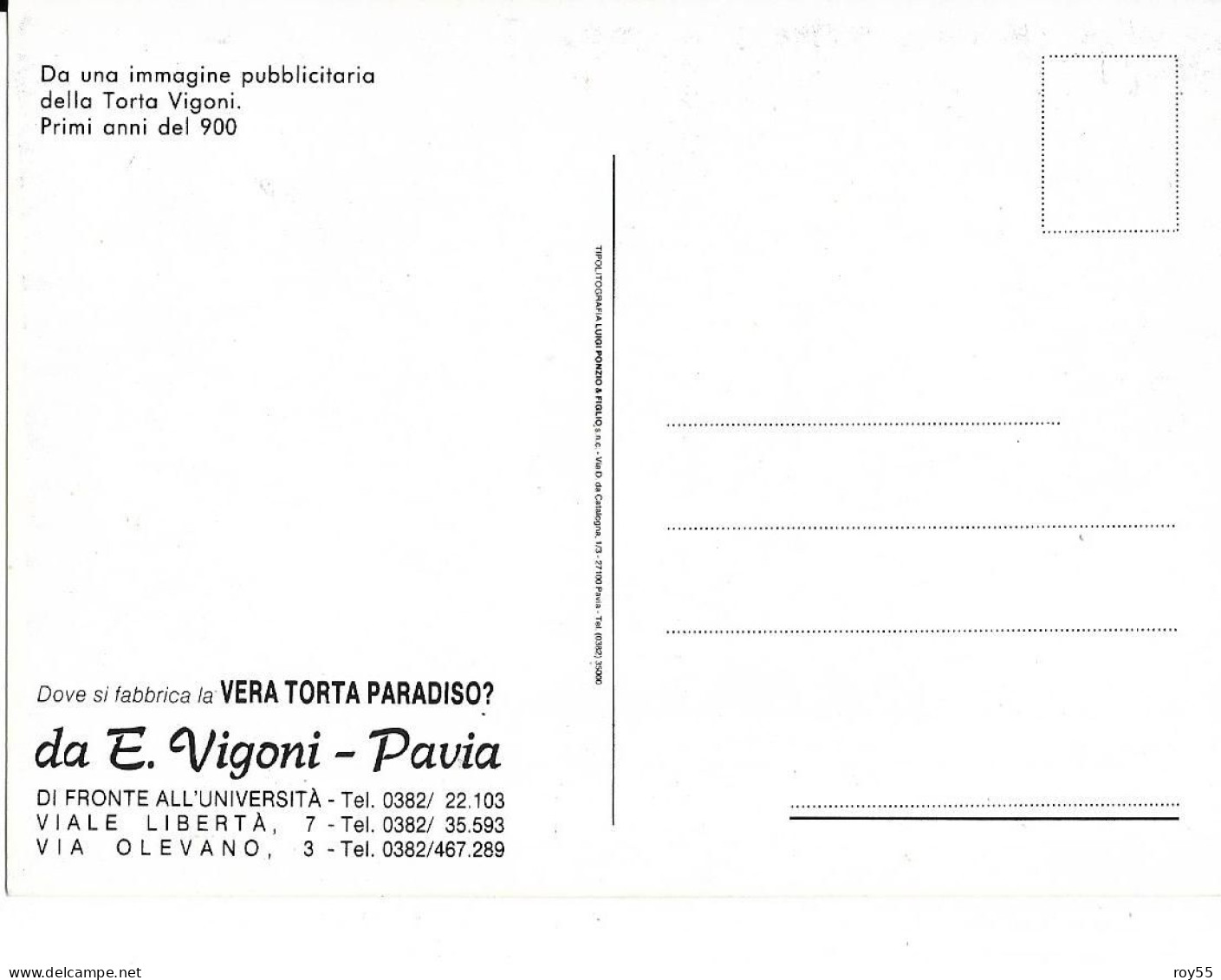 Lombardia Pavia Pubblicita Vera Torta Paradiso Vigoni ( Form.10 X 14 Cm./v.retro) - Publicité