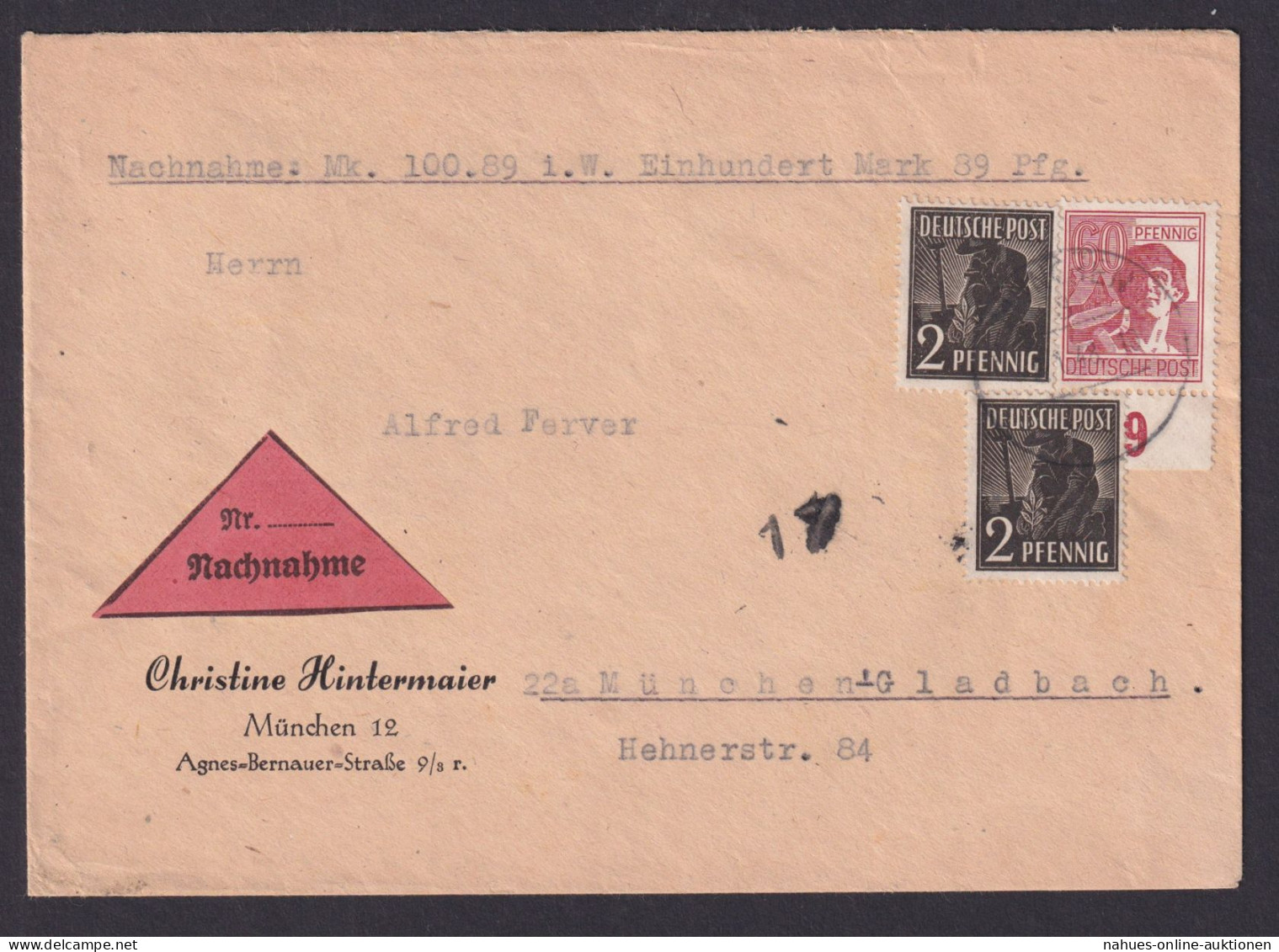 All. Besetzung Nachnahme Brief 956 MIF 60 Pfg. Unterrand München 1948 - Autres & Non Classés