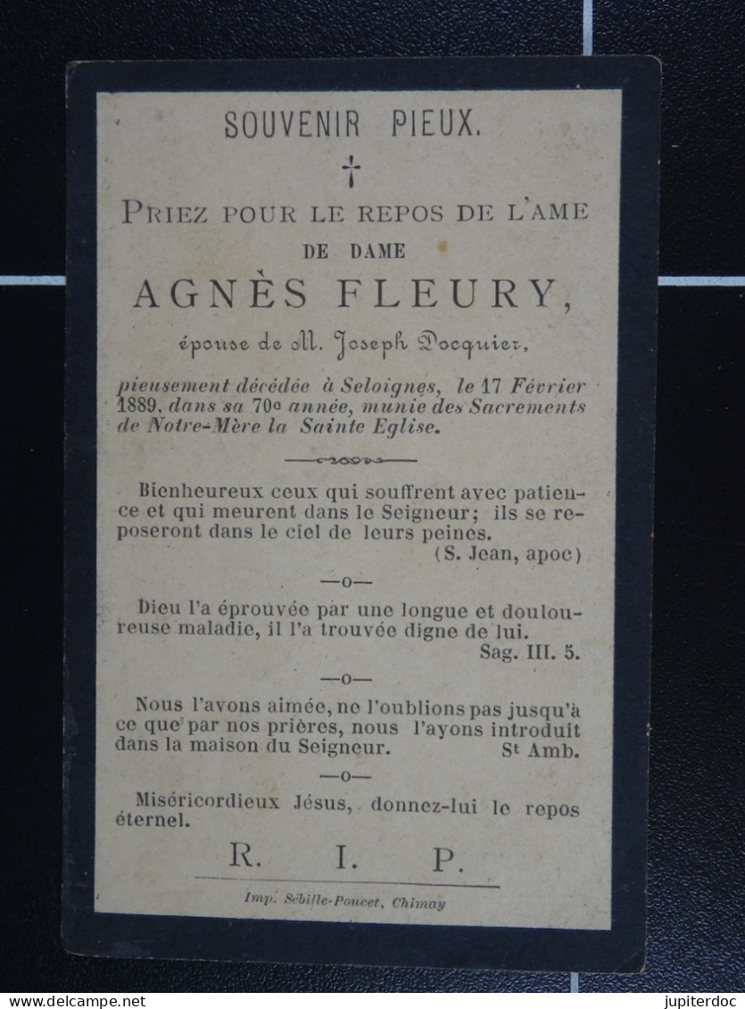 Agnès Fleury épse Docquier Seloignes 1889 à 70 Ans - Devotion Images