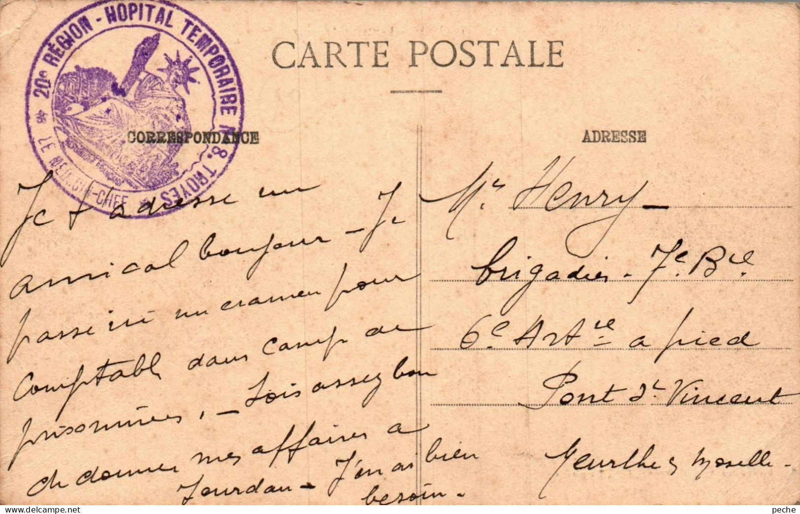 N°1181 W -cachet 20è Région Hôpital Temporaire -Troyes- - Guerra Del 1914-18