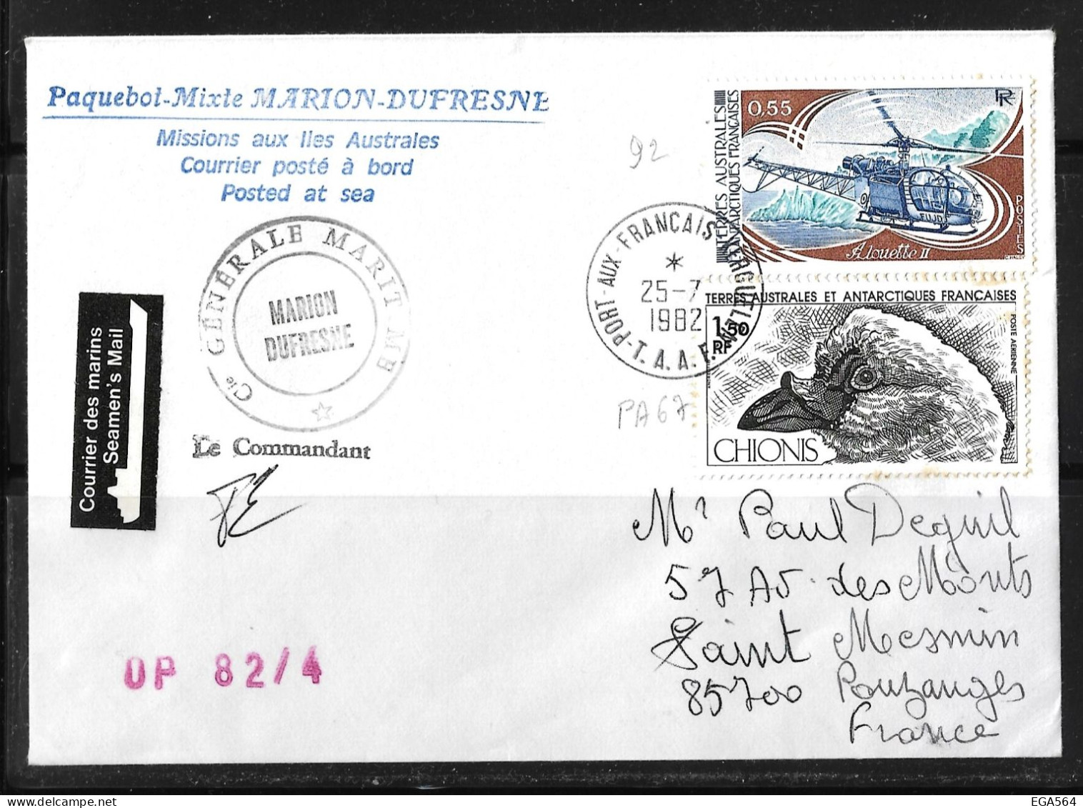 92 -Y&T PO92 Hélicoptère-PA67Chios Sur Pli 25.7.1982 Kerguelen - Le" Marion Dufresne" OP 82 / 4 Signé Le Commandant. - Cartas & Documentos