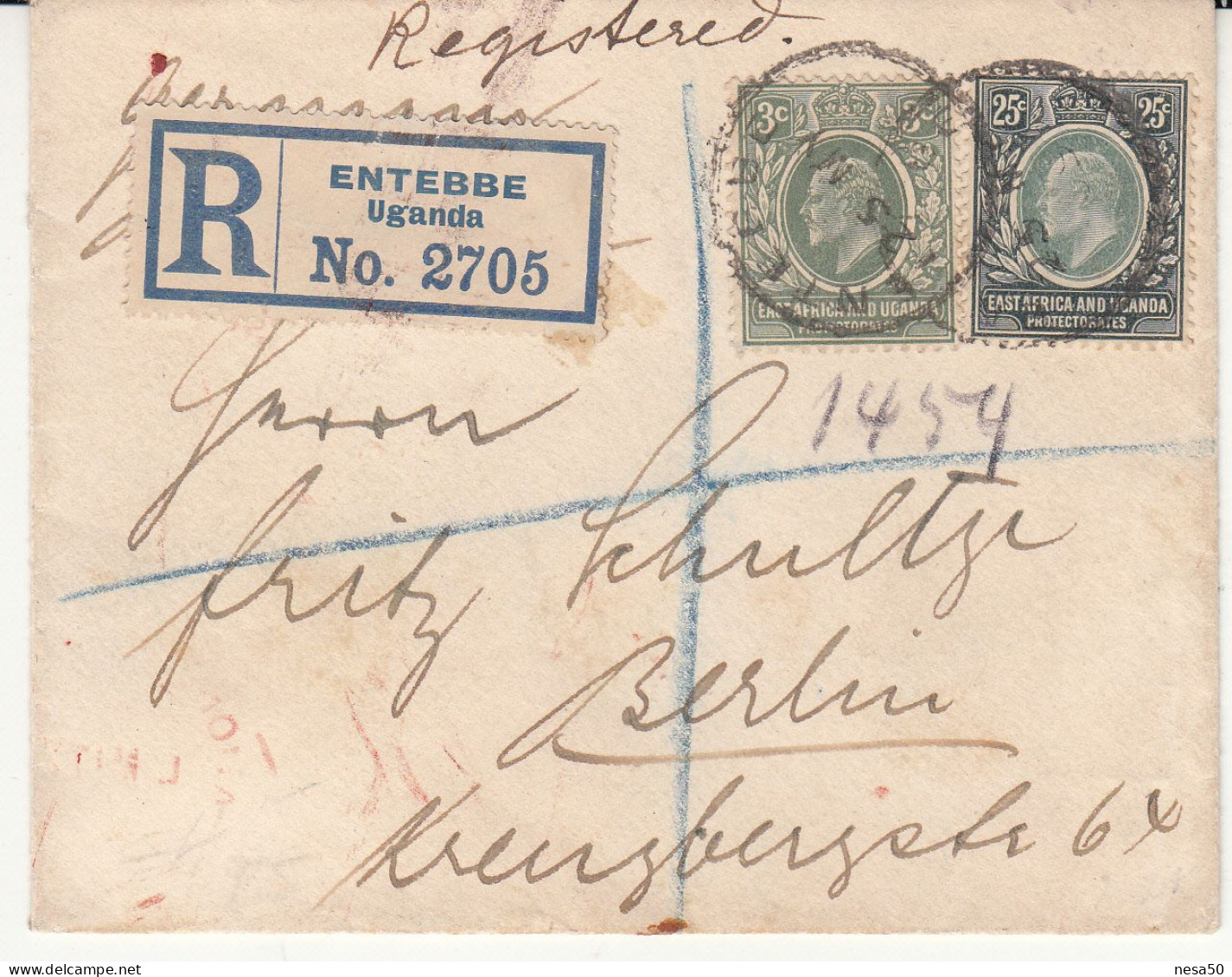 Ostafrikanische Gemeinschaft 1907 Mi Nr  34 En 39 , Envelop Van Uganda Naar Berlijn Rond 1910, Aangetekend - German East Africa