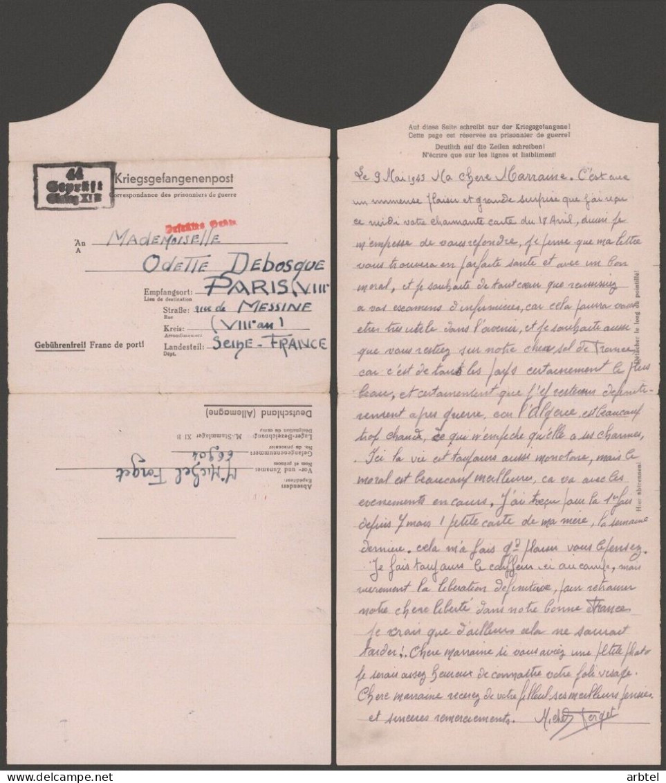 ALEMANIA A PARIS FRANCIA POW CORREO PRISIONEROS DE GUERRA STALAG XIB - Cartas & Documentos