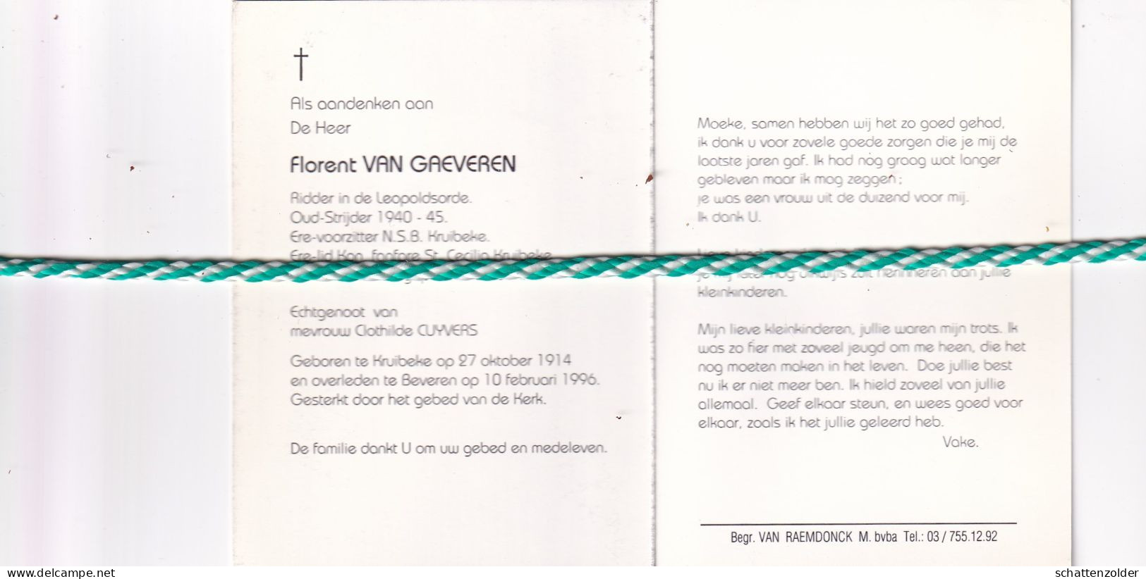 Florent Van Gaeveren-Cuyvers, Kruibeke 1914, Beveren 1996. Oud-strijder 40-45; Foto - Todesanzeige