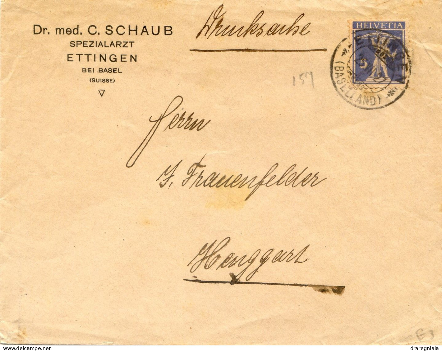 Mail Von Ettingen 25 7 27 Baselland -Dr.med.C.Schaub Spezialarzt- Docteur Spécialisé - Tellknabe 157 - Storia Postale