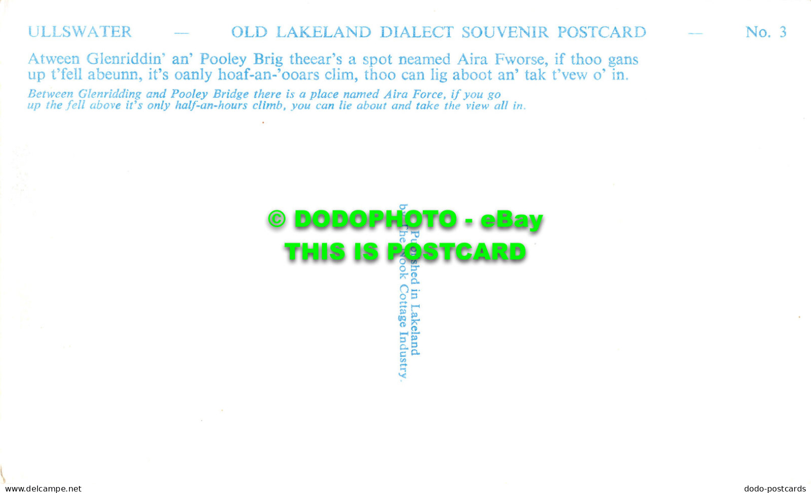 R526316 Ullswater. Old Lakeland Dialect Souvenir Postcard. Lakeland. The Nook Co - Monde