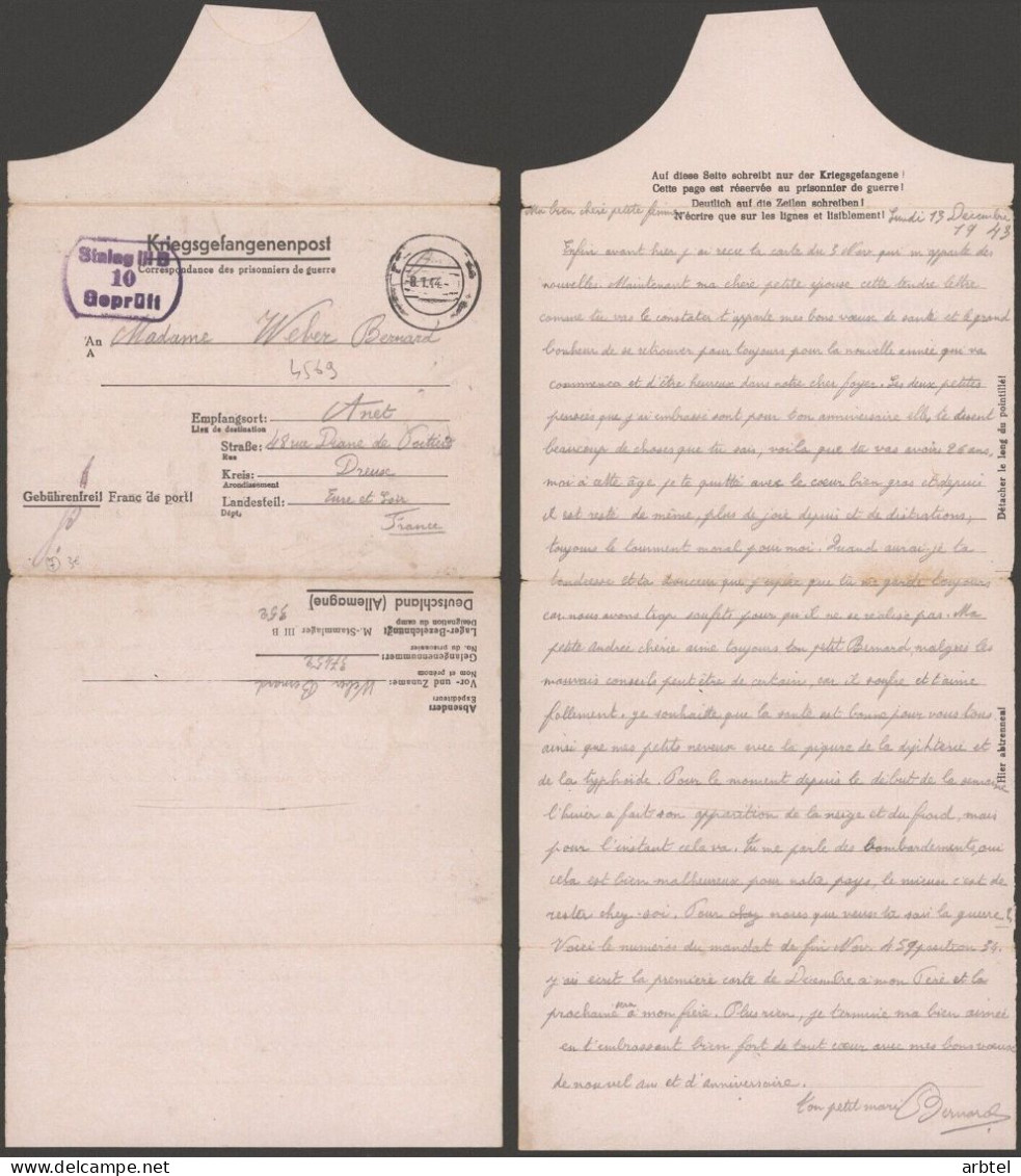 ALEMANIA A DREUX FRANCIA POW CORREO PRISIONEROS DE GUERRA STALAG IIIB 1944 - Lettres & Documents