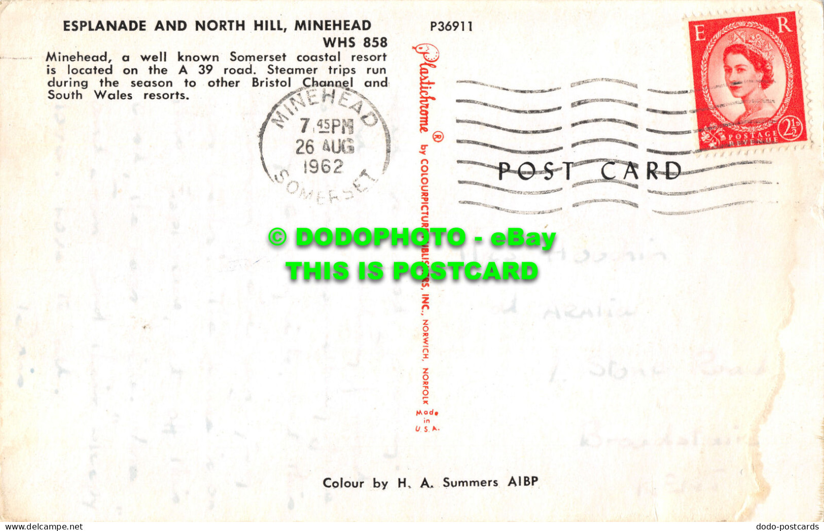 R526353 Esplanade And North Hill. Minehead. WHS 858. 1962. Plastichrome. Colourp - Monde