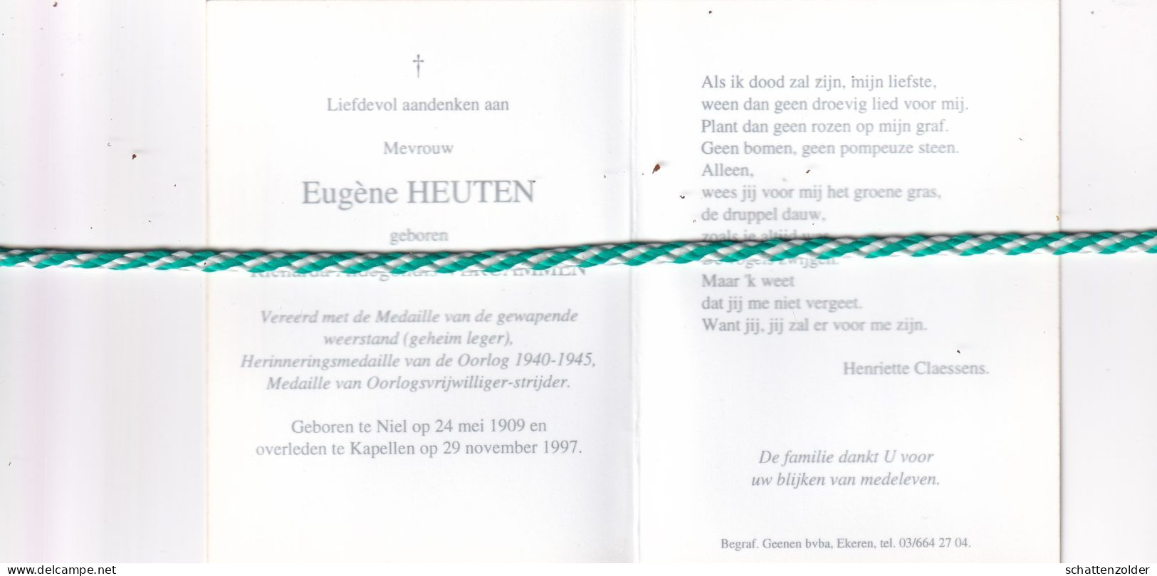 Richarda Aldegondis Vercammen-Heuten, Niel 1909, Kapellen 1997. Gewapende Weerstandster (Geheim Leger). Foto - Décès