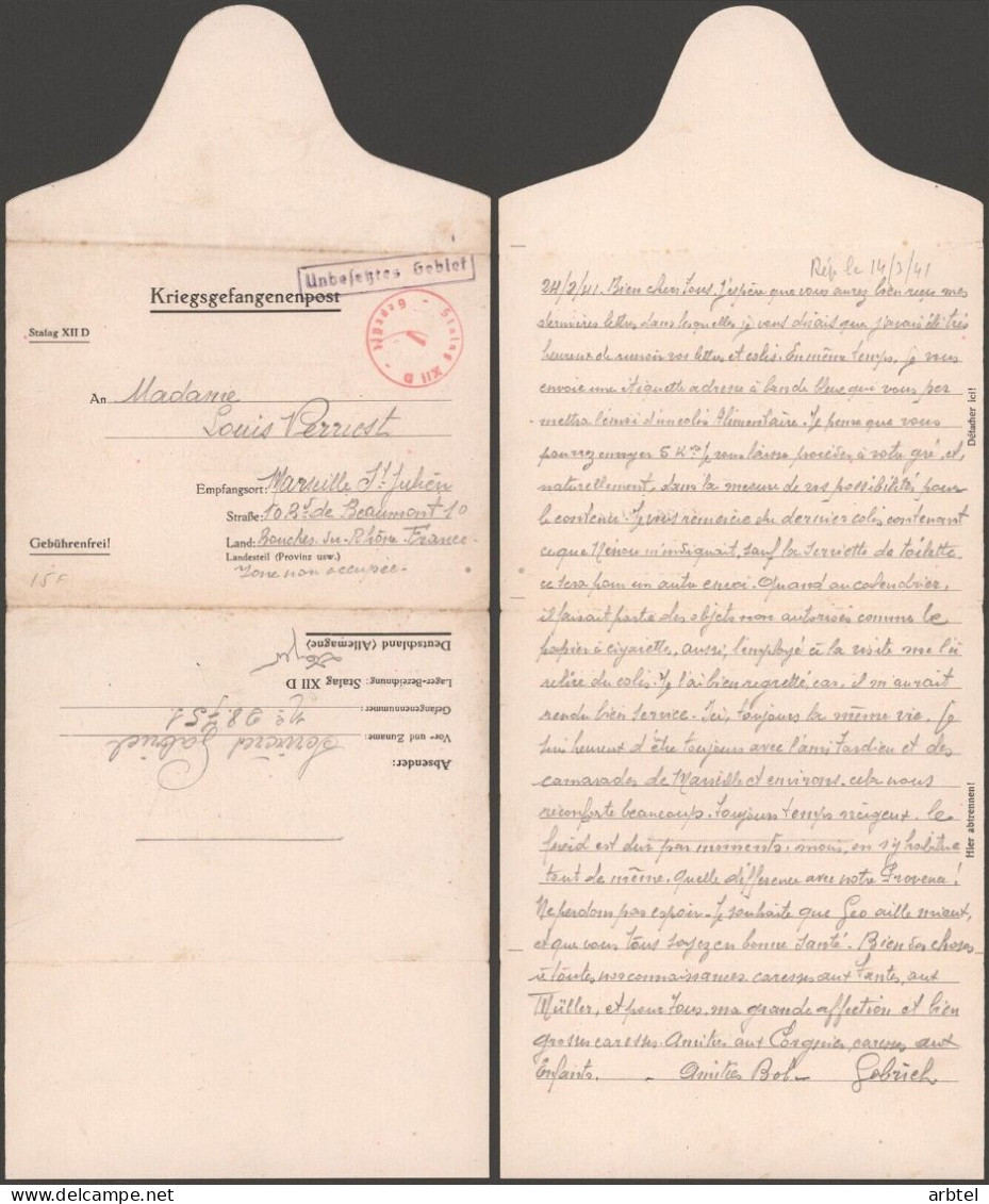 ALEMANIA A MARSEILLE ST JULIEN FRANCIA POW CORREO PRISIONEROS DE GUERRA STALAG XIIB - Cartas & Documentos