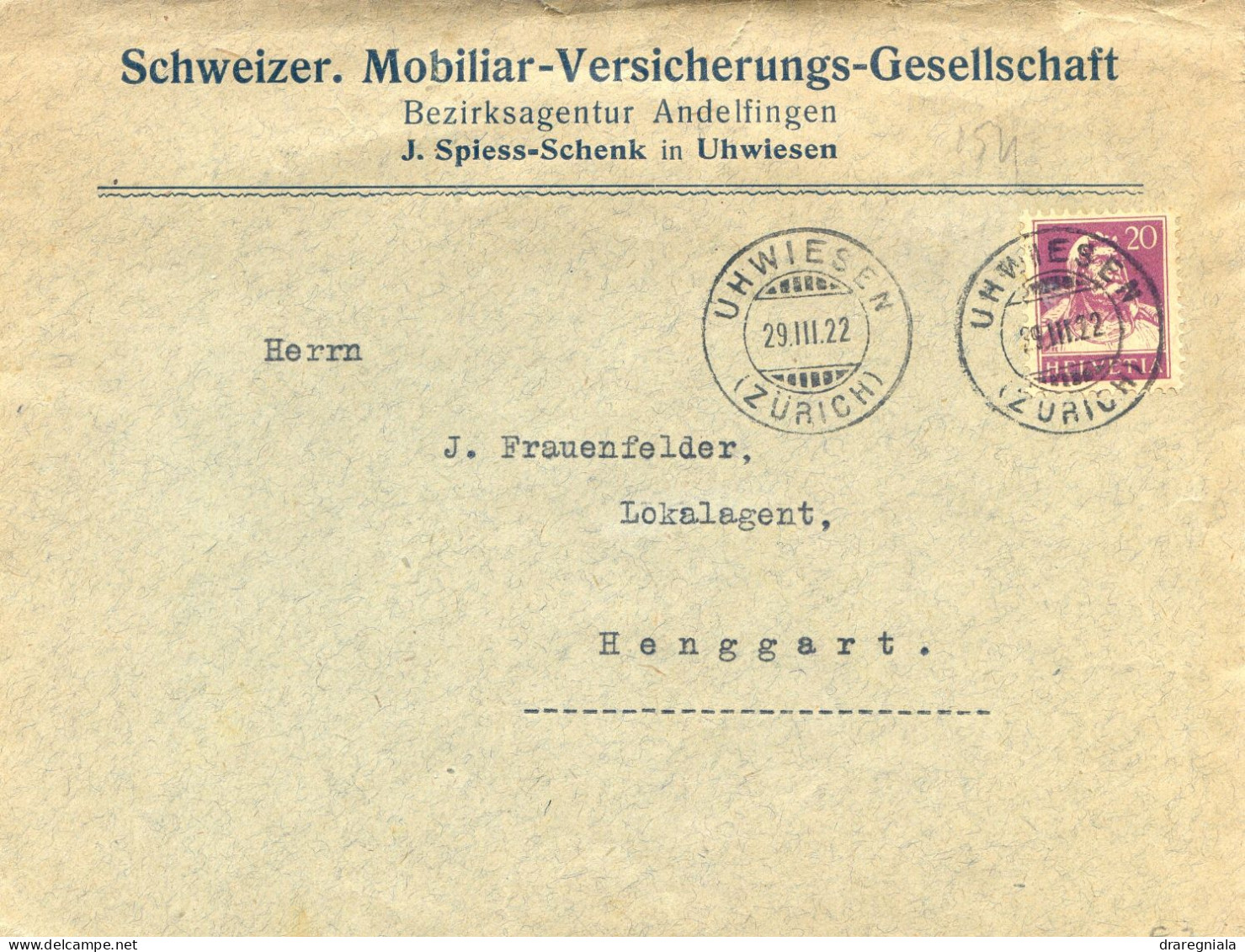 Mail Von Uhwiesen 29 3 22 Zurich -mobiliar Versicherungs Gesellschaft - Tellbrustbild 154 - Postmark Collection