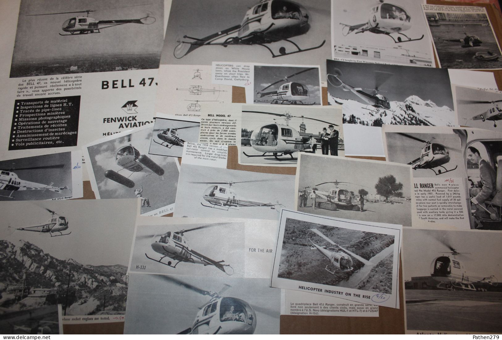 Lot De 119g D'anciennes Coupures De Presse Et Photos De L'hélicoptère Américain Bell 47 Et Ses Différentes Versions - Luchtvaart