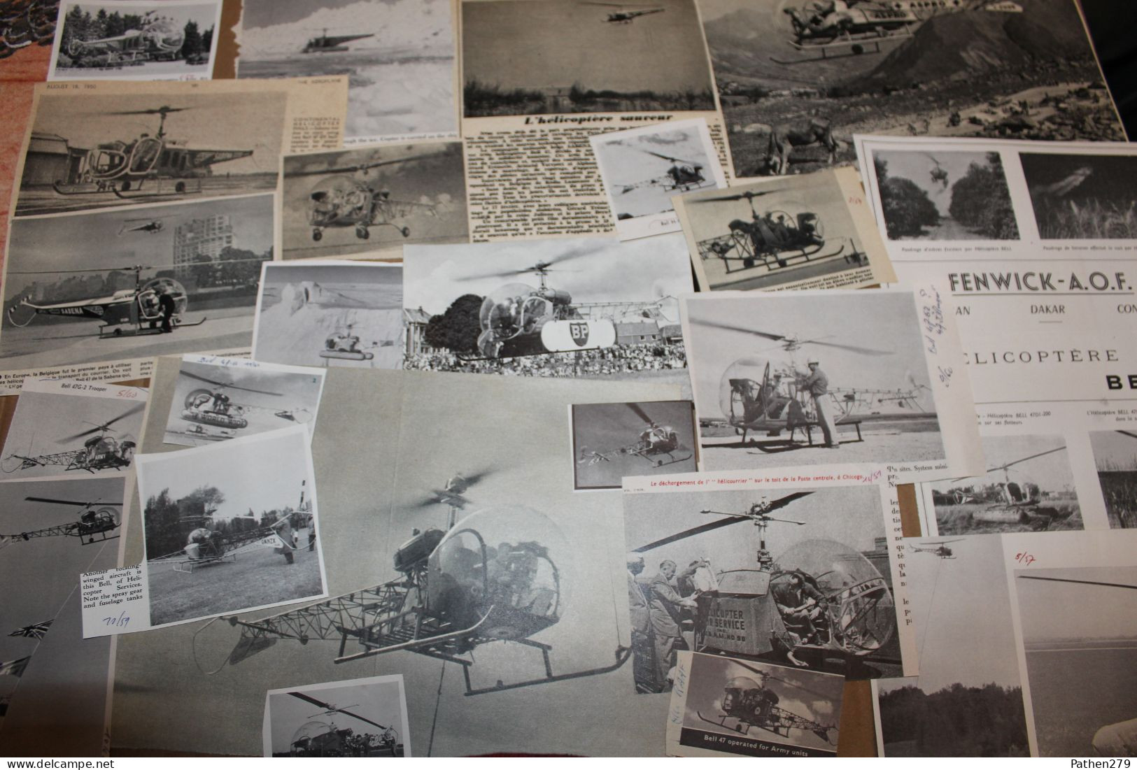 Lot De 119g D'anciennes Coupures De Presse Et Photos De L'hélicoptère Américain Bell 47 Et Ses Différentes Versions - Aviazione