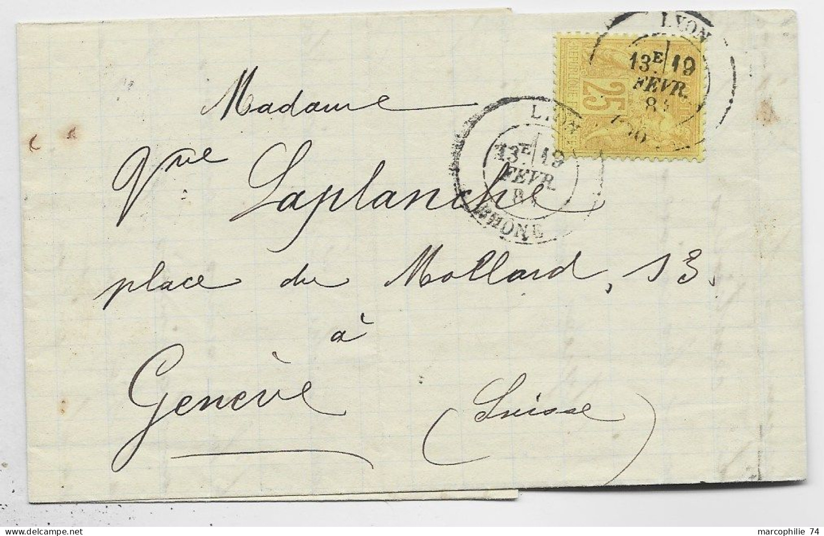 SAGE 25C BISTRE LETTRE COVER LYON 19 FEVR 1884 POUR SUISSE - 1877-1920: Période Semi Moderne