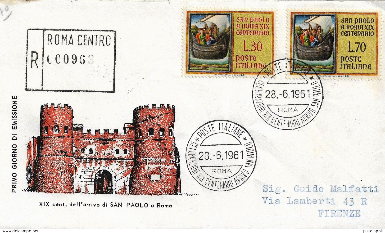 Fdc Milvio: SAN PAOLO A ROMA 1961; Raccomandata; AS_Roma - FDC