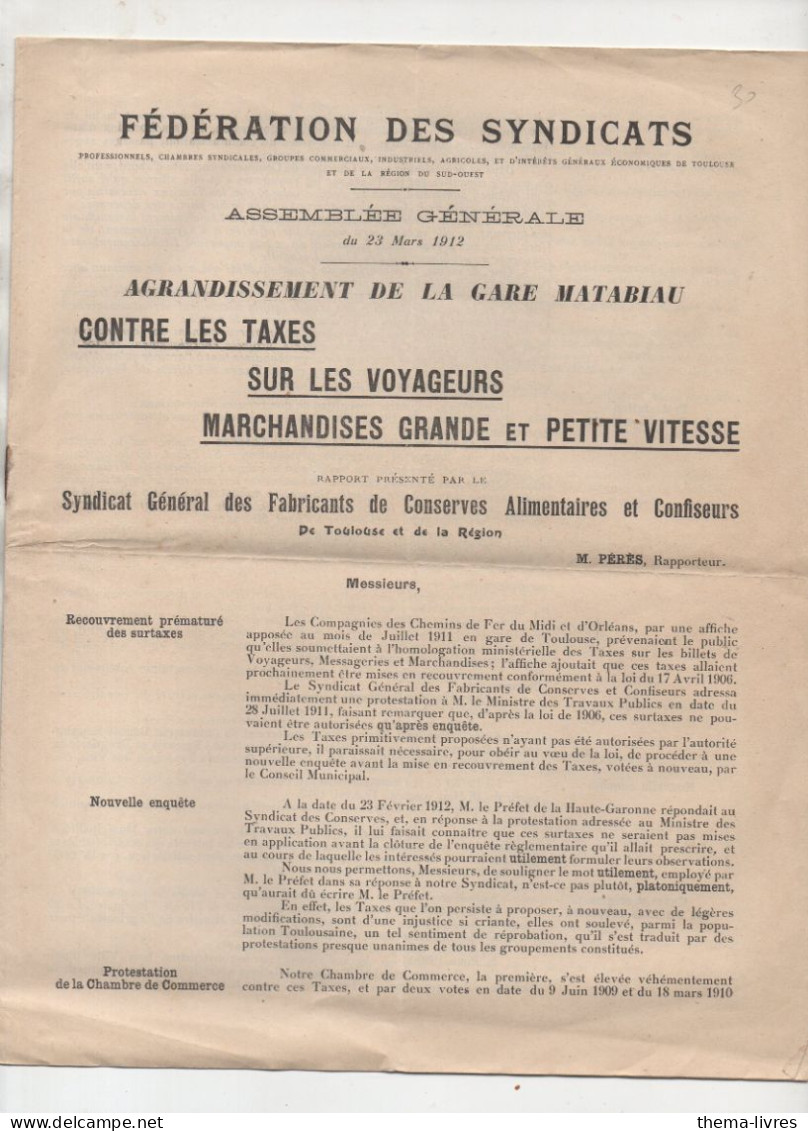 (chemins De Fer )  FEDERATION DES SYNDICATS / Contre Les Taxes Etc   ..  (PPP47262) - Eisenbahnverkehr