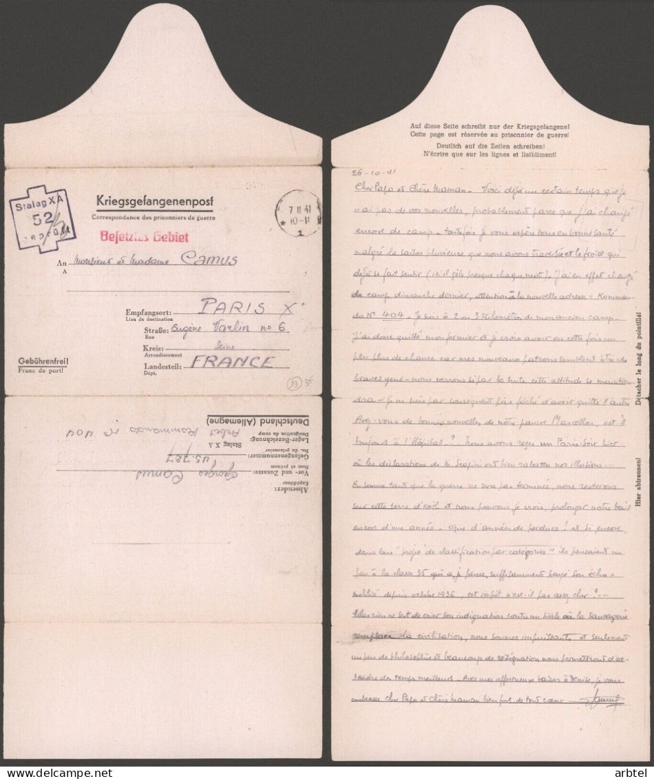 ALEMANIA A PARIS FRANCIA POW CORREO PRISIONEROS DE GUERRA STALAG XA 1941 - Cartas & Documentos