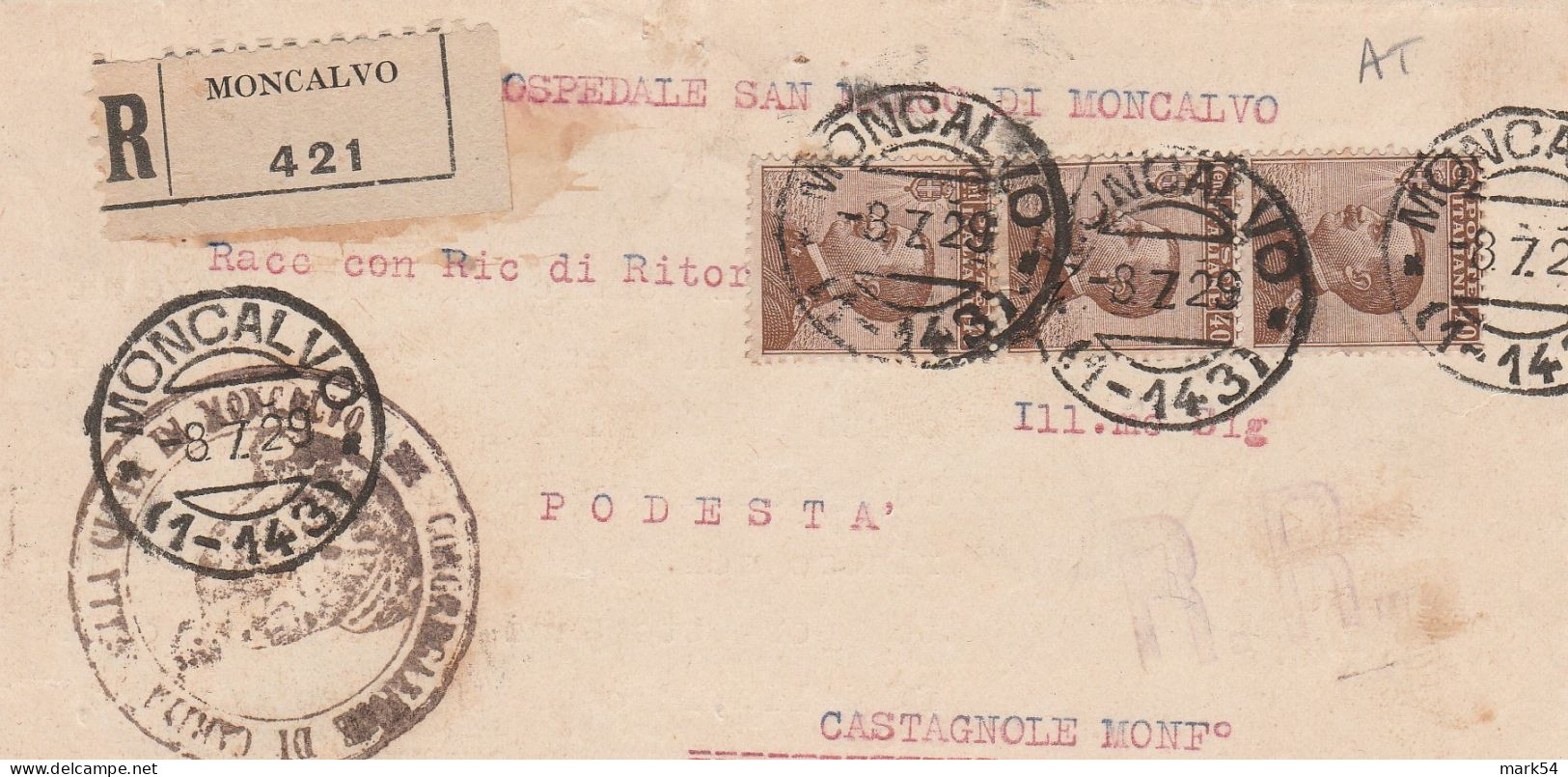 E 348 Moncalvo (Alessandria) Frazionario 1-143 Del 1929 - Storia Postale