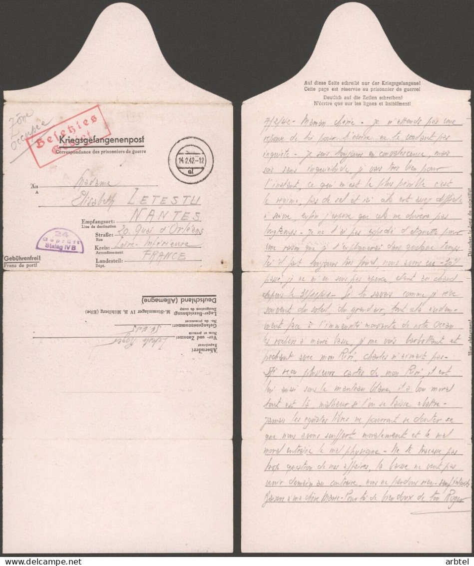 ALEMANIA A NANTES FRANCIA POW CORREO PRISIONEROS DE GUERRA STALAG IVB 1942 - Lettres & Documents