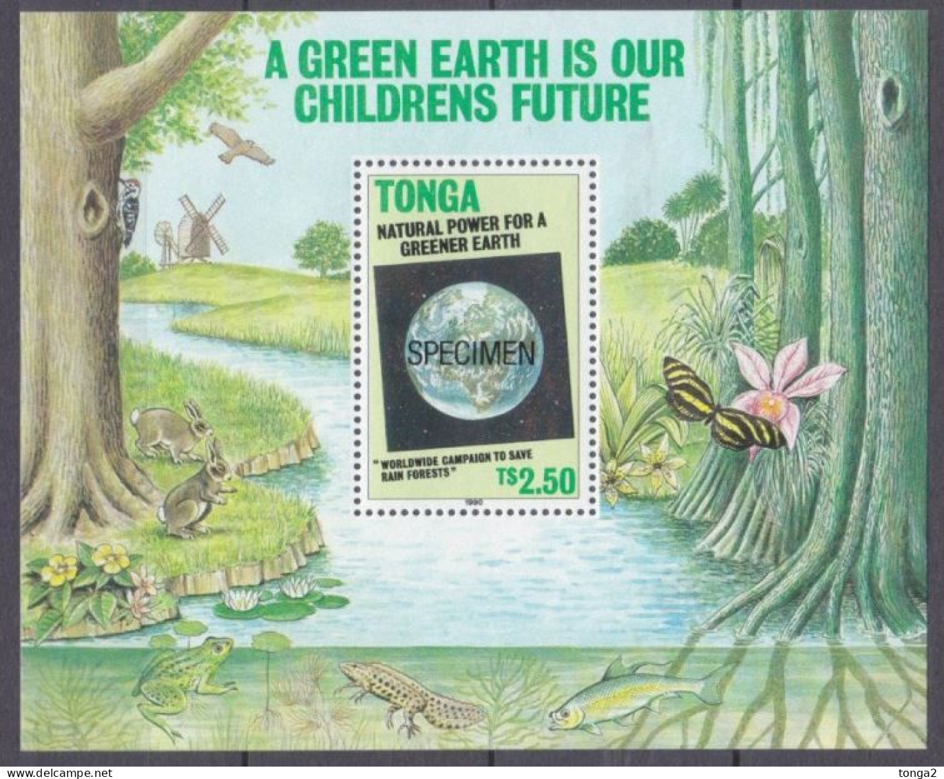 Tonga 1990 Green Earth Specimen S/S - Shows Windmill Orchid Owl Rabbit Butterfly Woodpecker - Tonga (1970-...)
