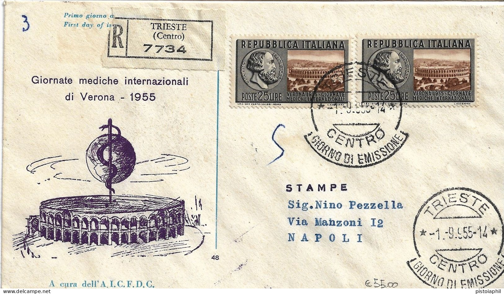 Fdc AICFDC/Italia: GIORNATE MEDICHE 1955; Raccomandata; AF_Trieste - FDC