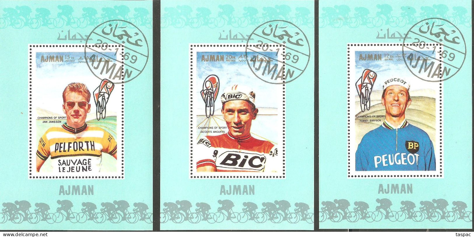 Ajman 1969 Mi# Block 78-83 Used - 7 Souvenir Sheets - Famous Athletes (I): Cycling - Adschman