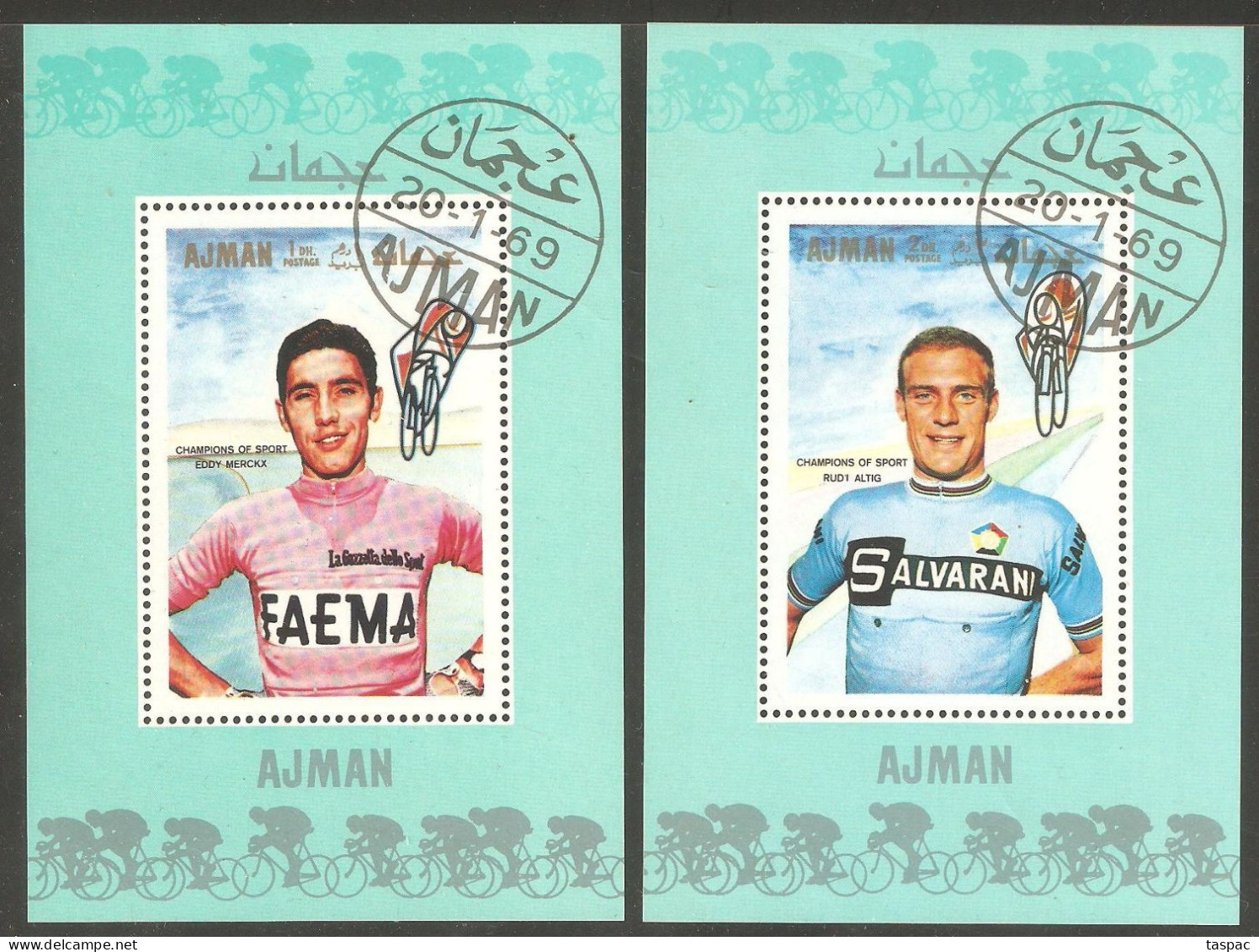 Ajman 1969 Mi# Block 78-83 Used - 7 Souvenir Sheets - Famous Athletes (I): Cycling - Cycling