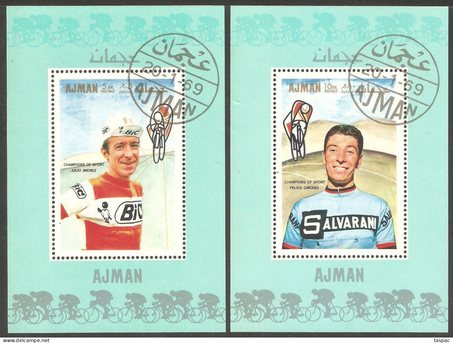 Ajman 1969 Mi# Block 78-83 Used - 7 Souvenir Sheets - Famous Athletes (I): Cycling - Ciclismo