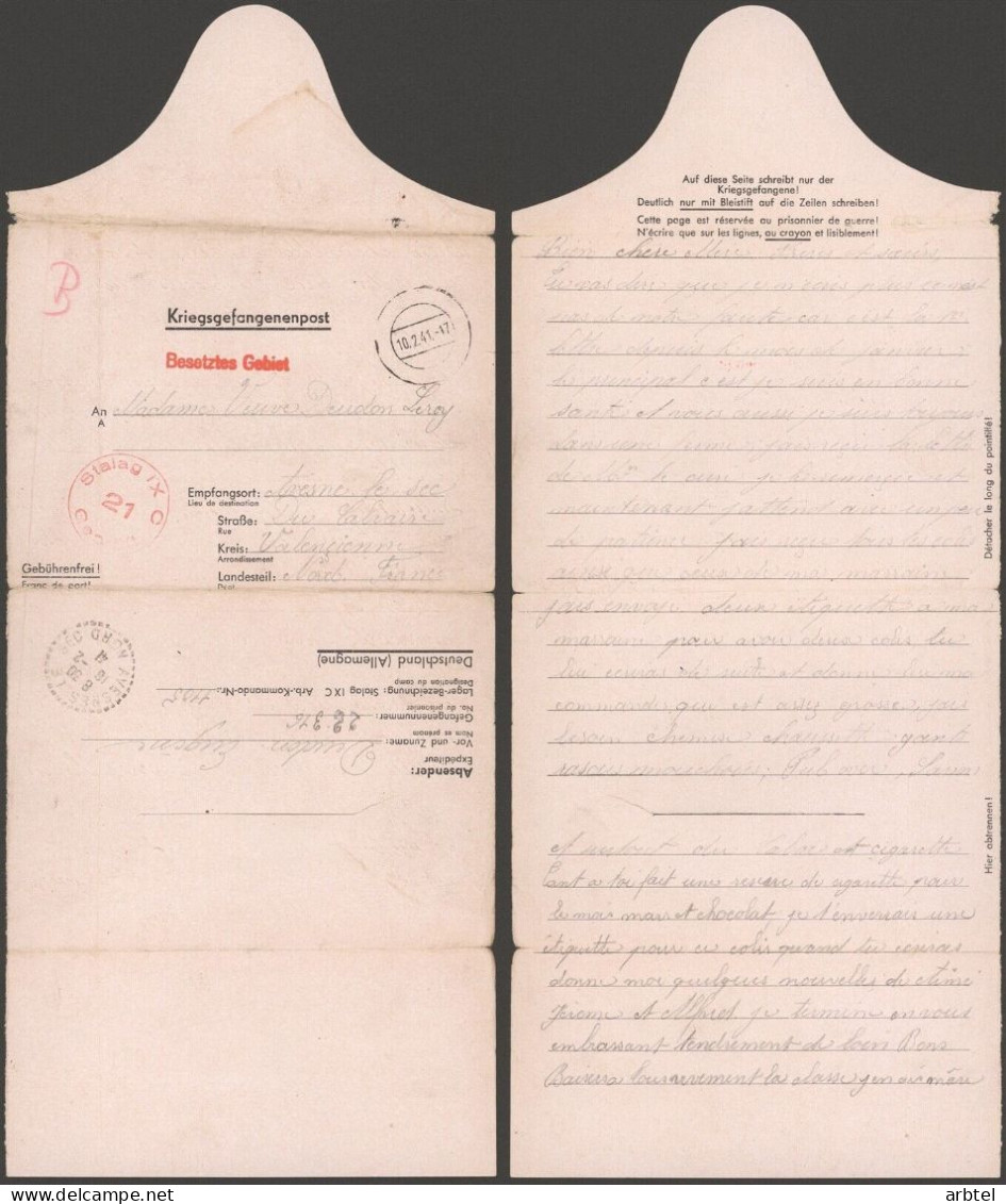 ALEMANIA A AVESNES LE SEC FRANCIA POW CORREO PRISIONEROS DE GUERRA STALAG IXC 1941 - Covers & Documents