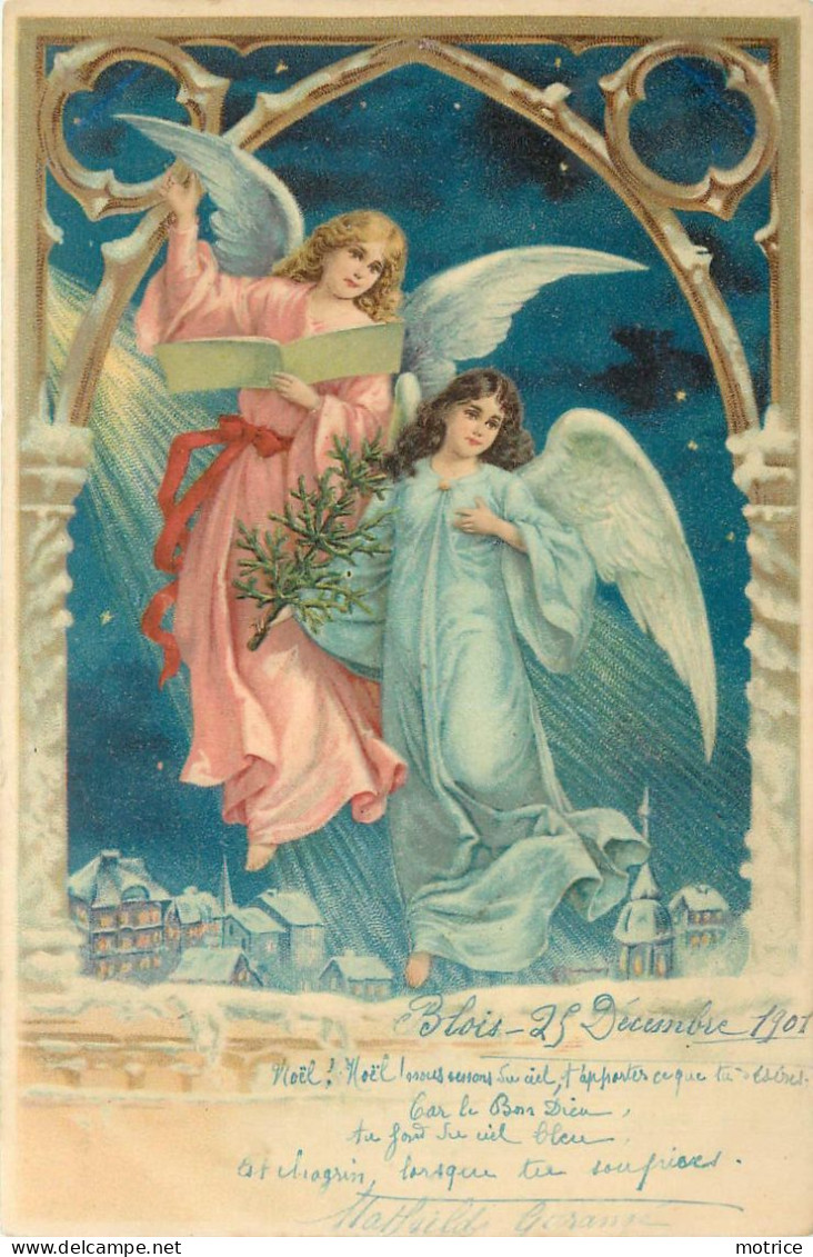 COUPLE D'ANGES - Carte Illustrée, Décor De Noël. - Angels