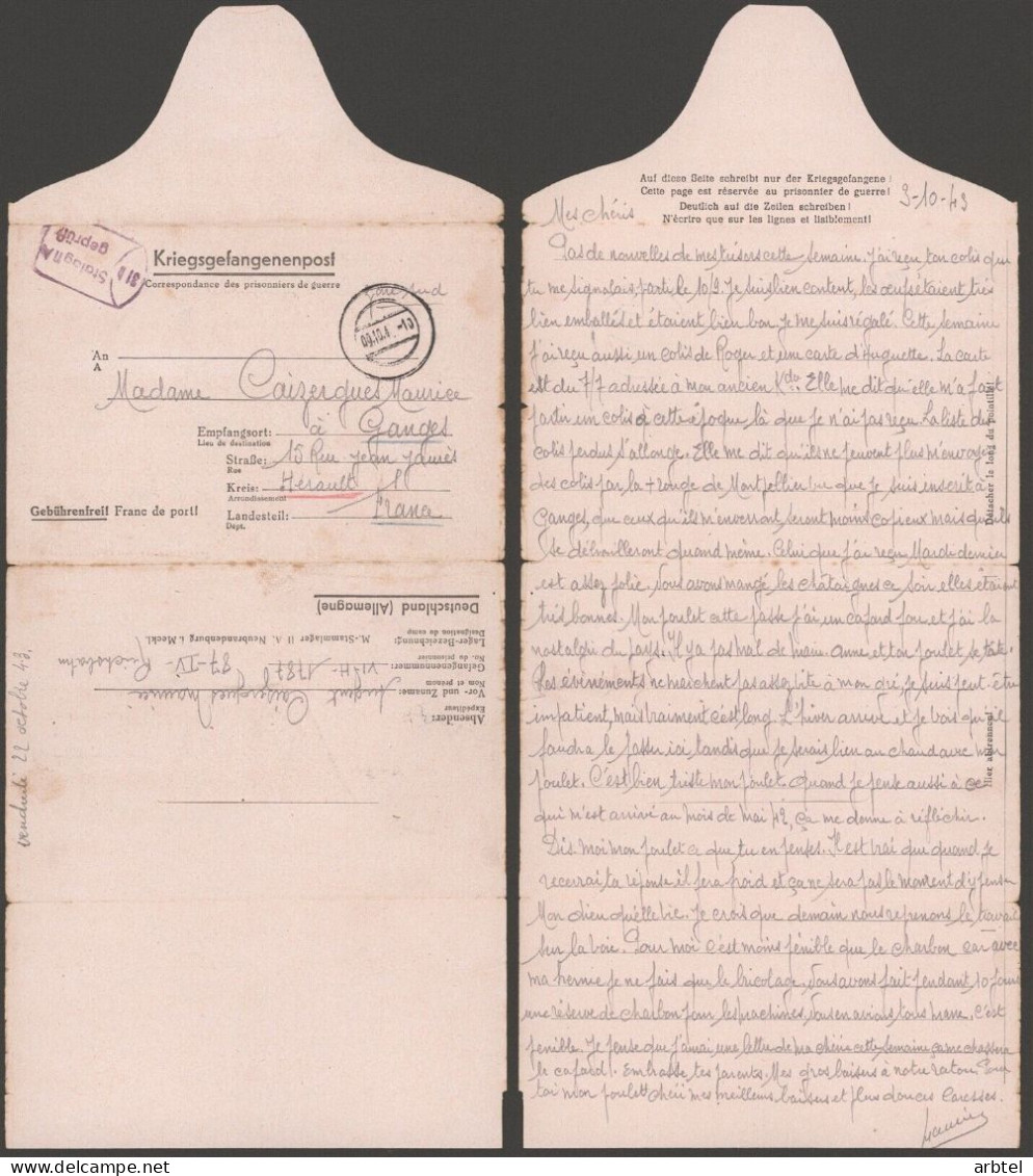 ALEMANIA A GANGES HERAULT FRANCIA POW CORREO PRISIONEROS DE GUERRA STALAG IIA - Cartas & Documentos