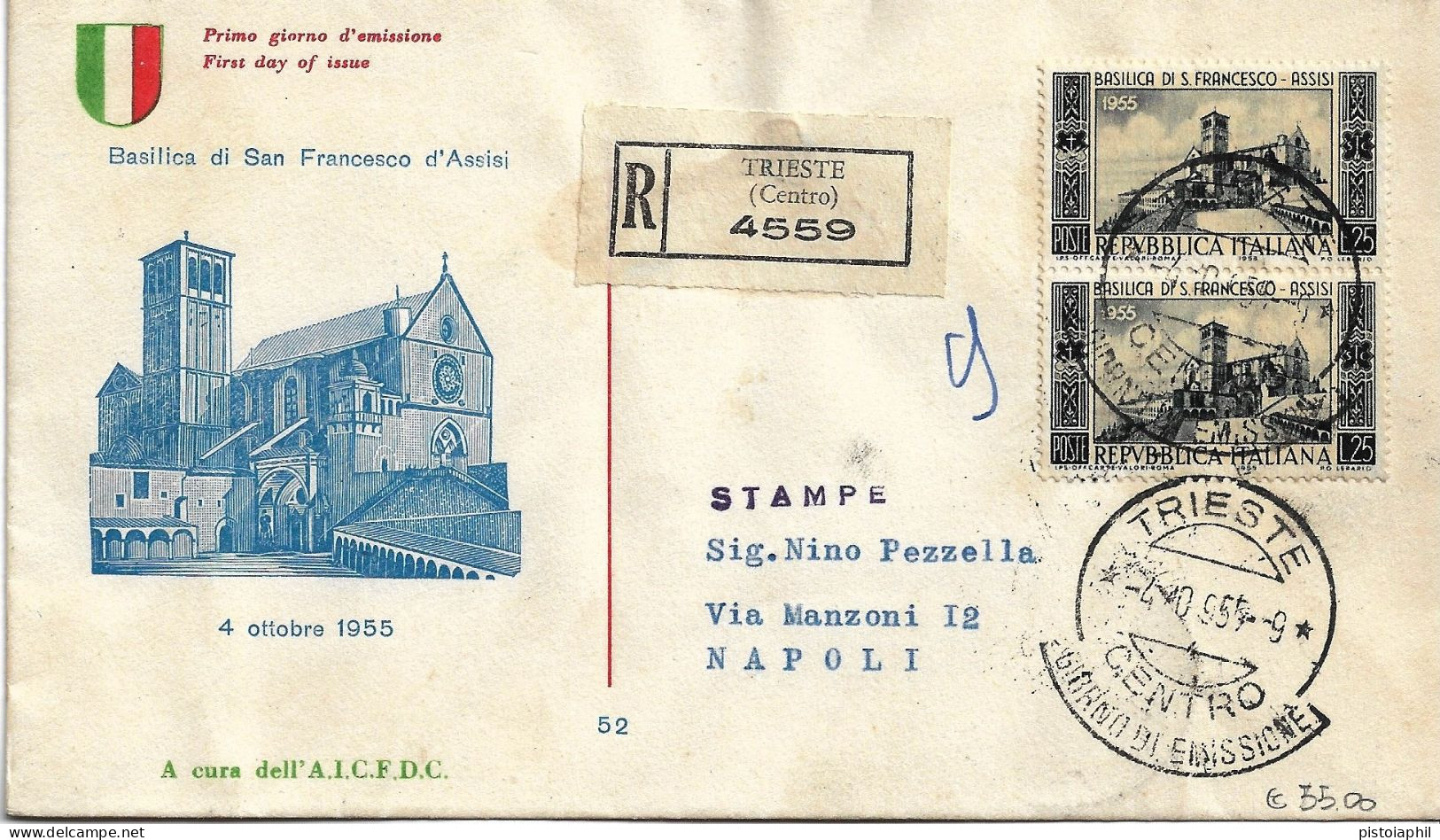 Fdc AICFDC/Italia: BASILICA DI SAN FRANCESCO 1955; Raccomandata; AF_Trieste - FDC