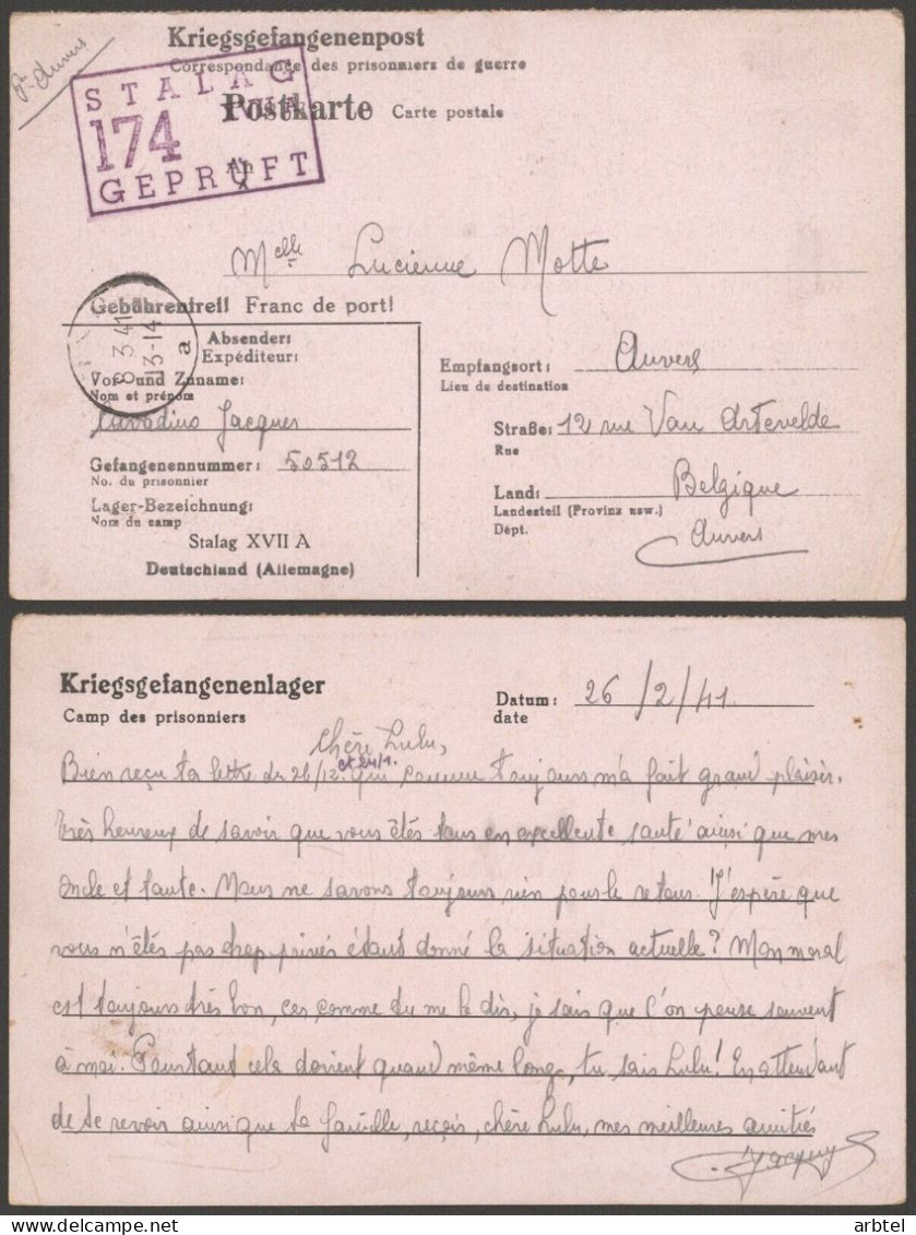 ALEMANIA A ANVERS BELGICA POW CORREO PRISIONEROS DE GUERRA STALAG XVIIA 1941 - Cartas & Documentos