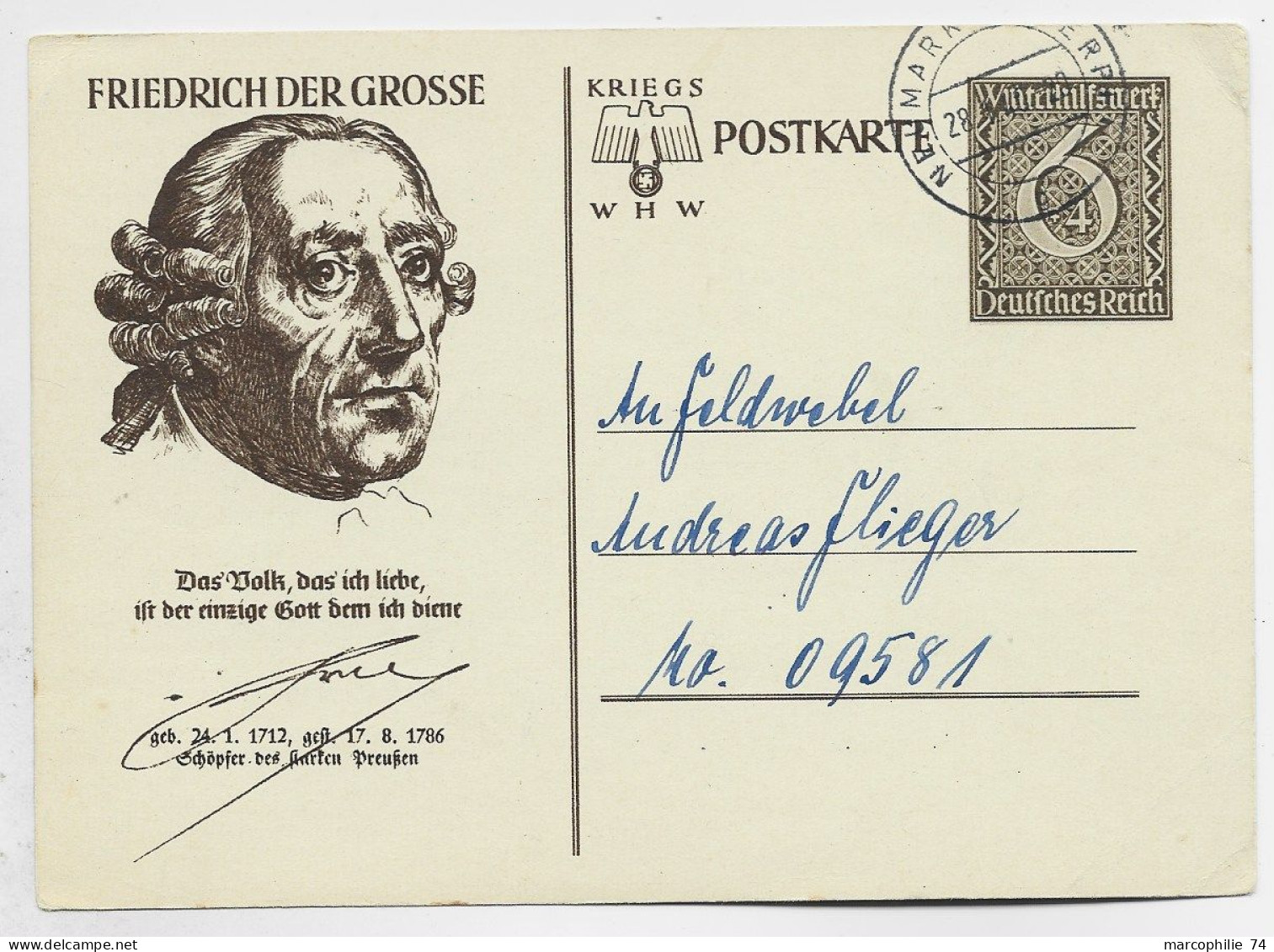 GERMANY REICH ENTIER 6C POSTKARTE FRIEDRICH GROSSE 28.1.1940 TO N°09581 - Cartes Postales