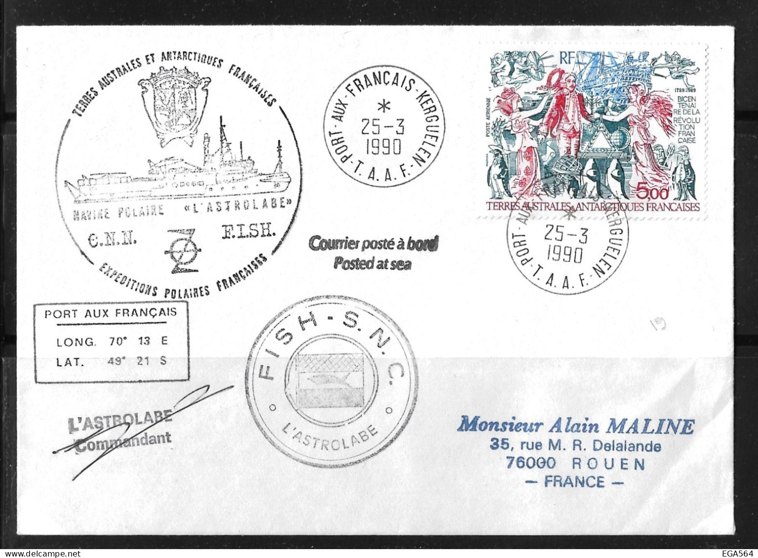 123-Y&T PA108 Révolution Française Sur Pli Du 25.3.1990 Kerguelen Cachets De " L' Astrolabe " Signé Par Le Commandant - Storia Postale