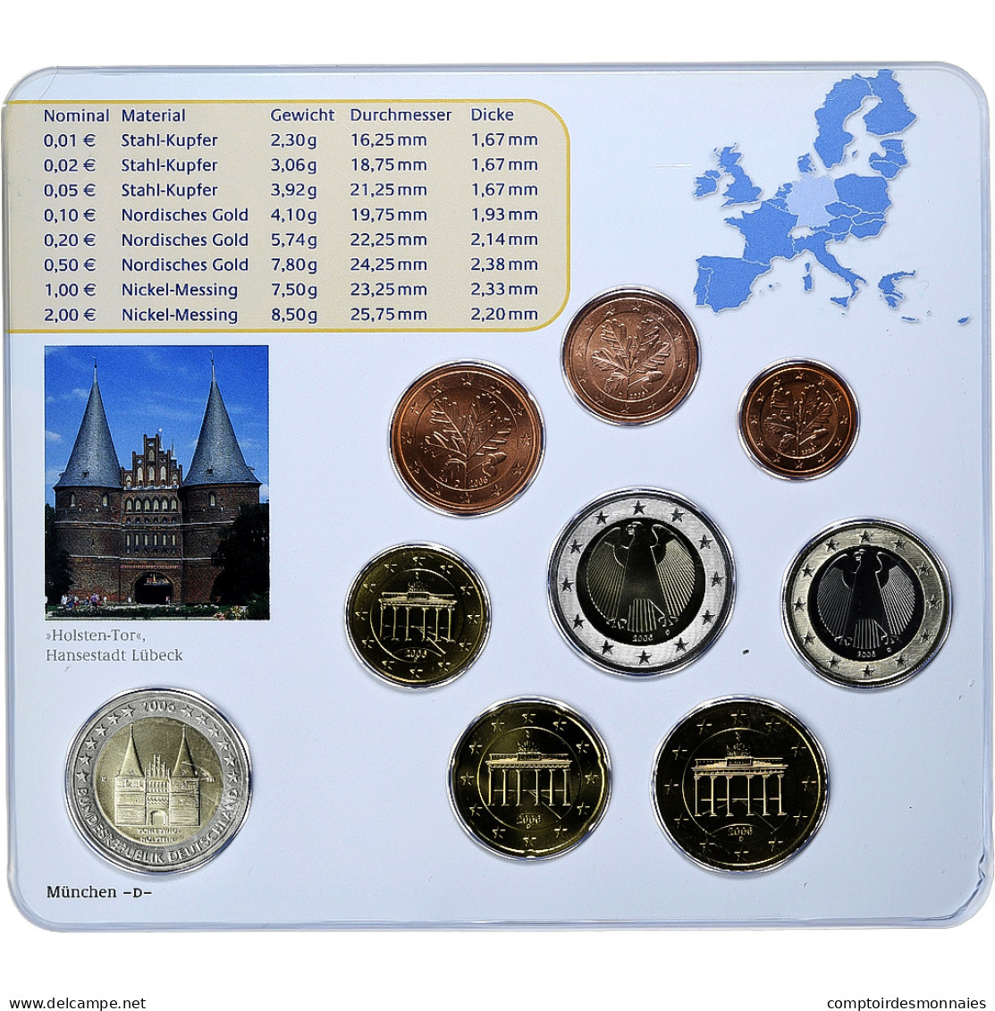 République Fédérale Allemande, Set 1 Ct. - 2 Euro + 2€, Holstentor, Coin - Allemagne