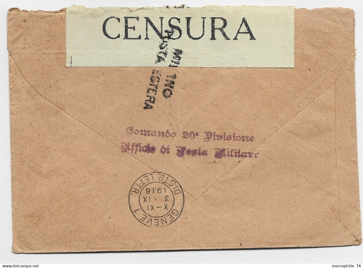 ITALIA 25C SOLO LETTERA COVER CACHET ROUGE MILANO ESTERA 1918 TO GENEVE SUISSE CENSURA + COMMANDO 20E DIVISIONE MILITAIR - Marcophilie