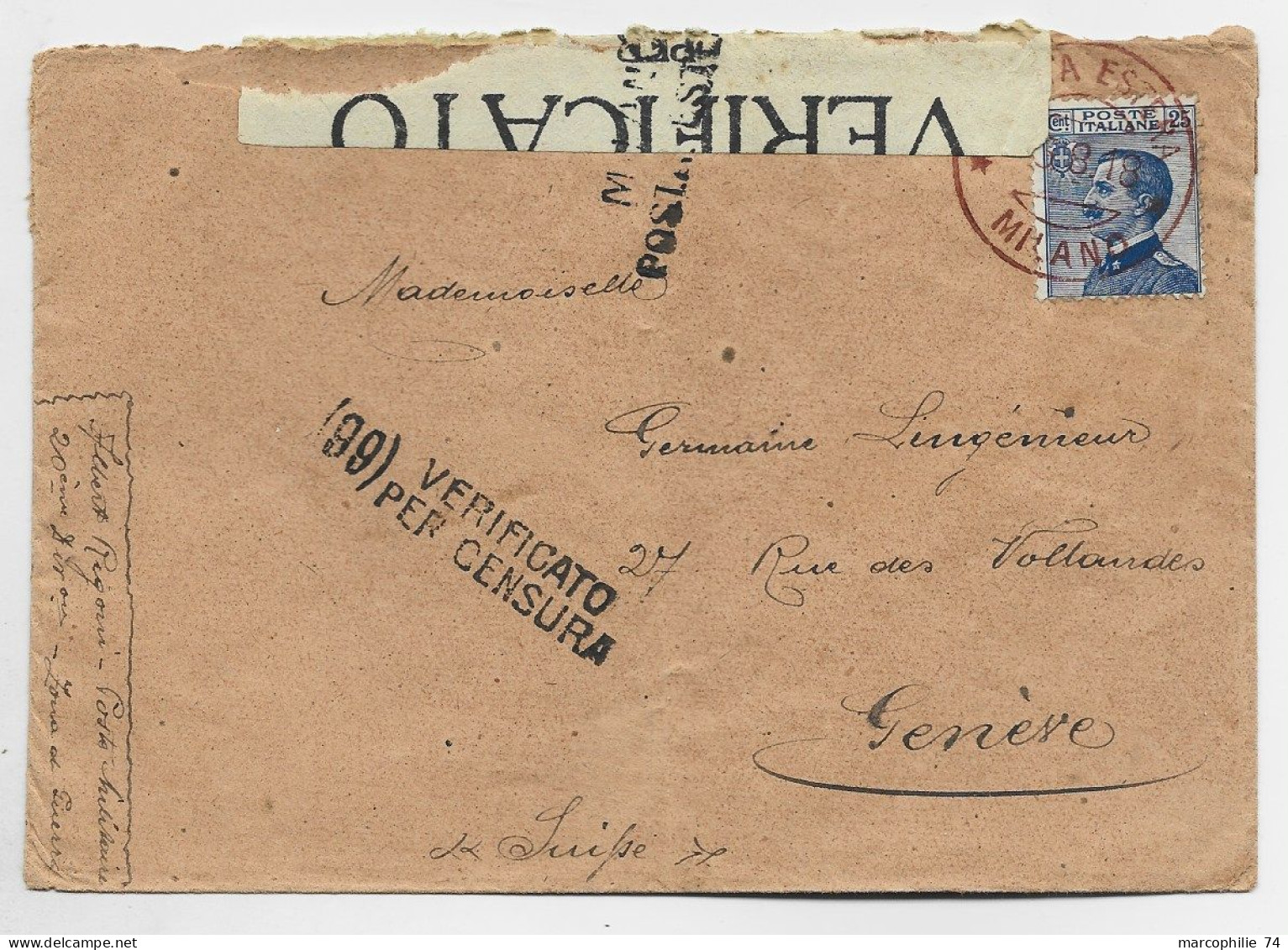 ITALIA 25C SOLO LETTERA COVER CACHET ROUGE MILANO ESTERA 1918 TO GENEVE SUISSE CENSURA + COMMANDO 20E DIVISIONE MILITAIR - Marcophilia